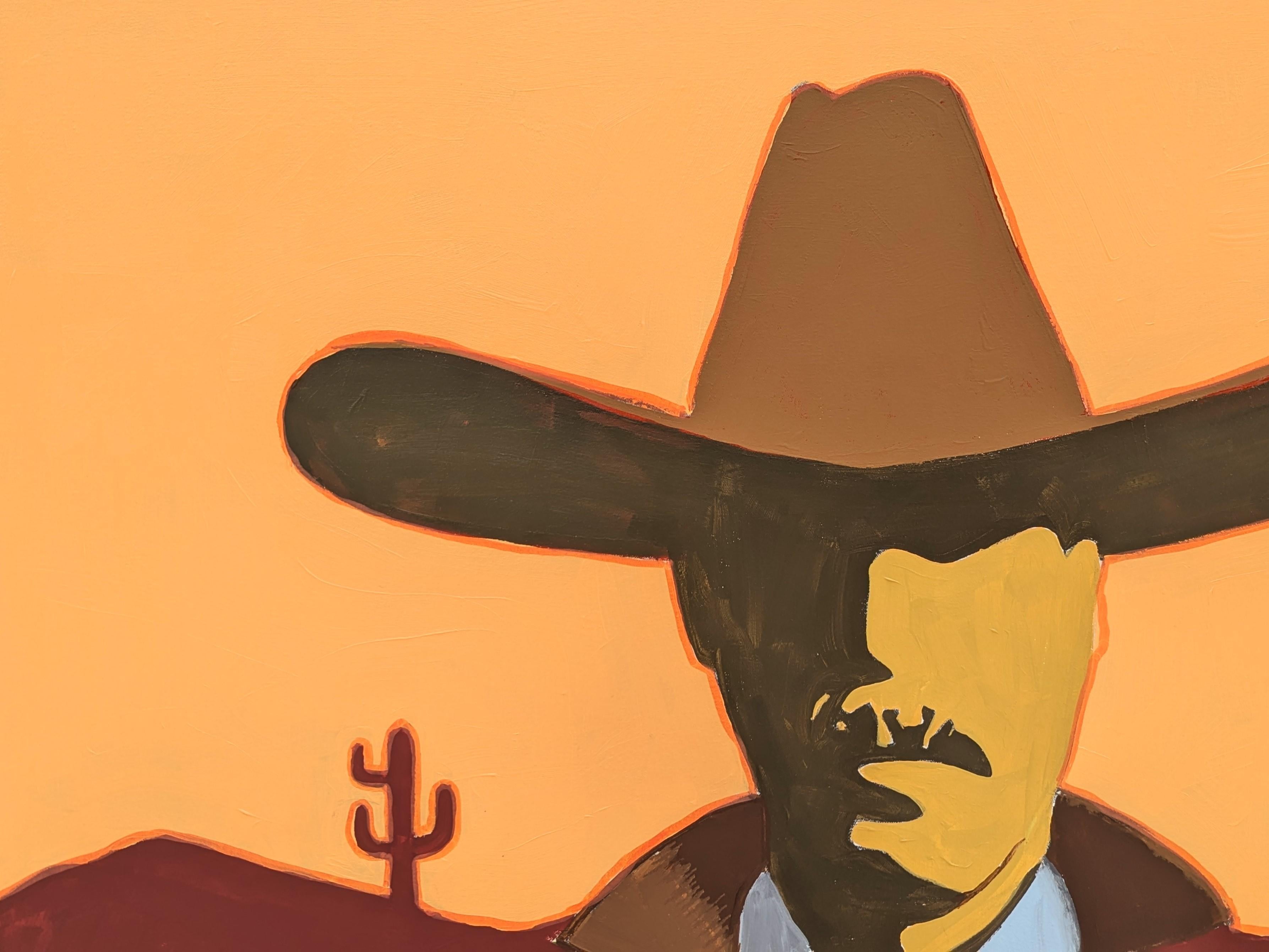 Colorful abstract cowboy portrait painting by contemporary artist Ian Francis. The work features a western inspired figure with a shadowed face dressed in red with a cowboy hat set against a desert landscape. Signed by the artist in the front lower