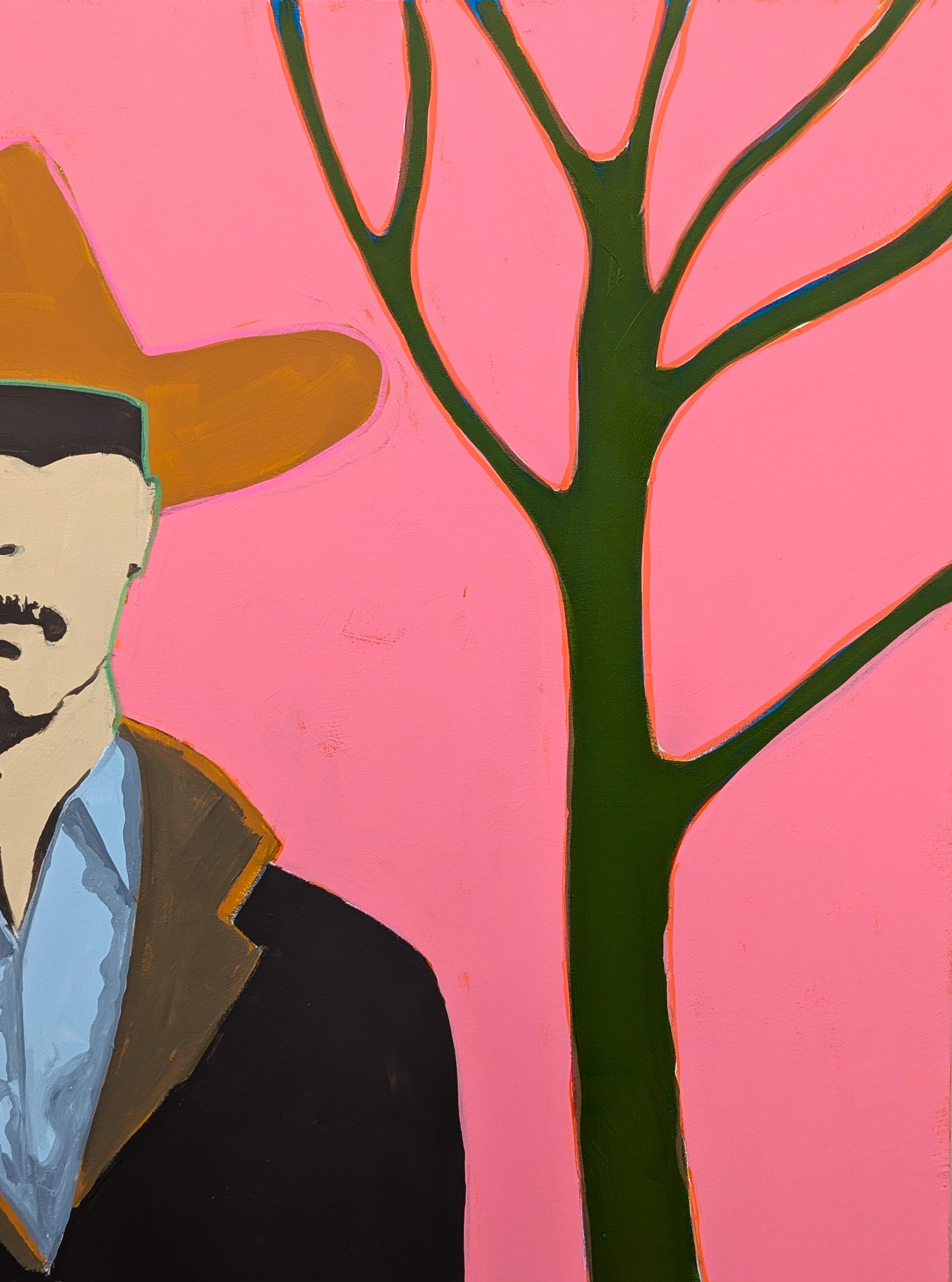 Farbenfrohes abstraktes Cowboy-Porträtgemälde des zeitgenössischen Künstlers Ian Francis. Das Werk zeigt eine westlich inspirierte Figur mit schattenhaftem Gesicht, gekleidet in einen Mantel und einen ockergelben Hut vor dem Hintergrund einer