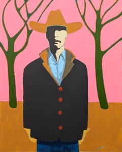 "Brud" Quadro contemporaneo astratto colorato con tonalità rosa, ritratto di cowboy occidentale