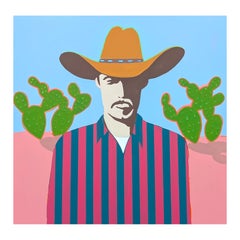"Carter" Contemporary Abstract Pink & Blue Western Cowboy Portrait Painting