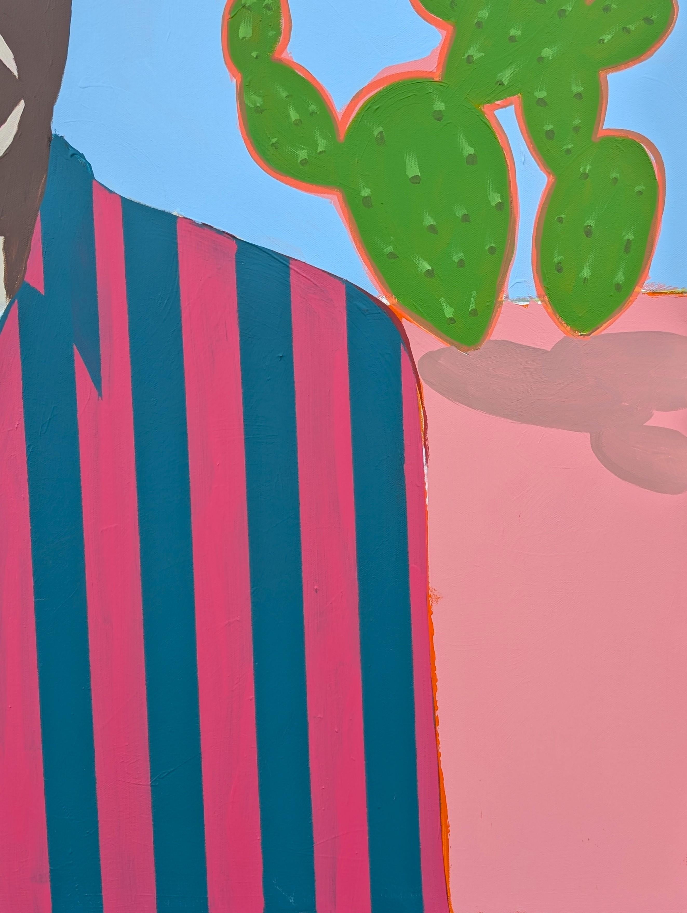 Colorato ritratto astratto di cowboy dipinto dall'artista contemporaneo Ian Francis. L'opera presenta una figura di ispirazione western con un volto in ombra vestito a strisce blu e rosse e un cappello da cowboy in un paesaggio desertico con cactus.