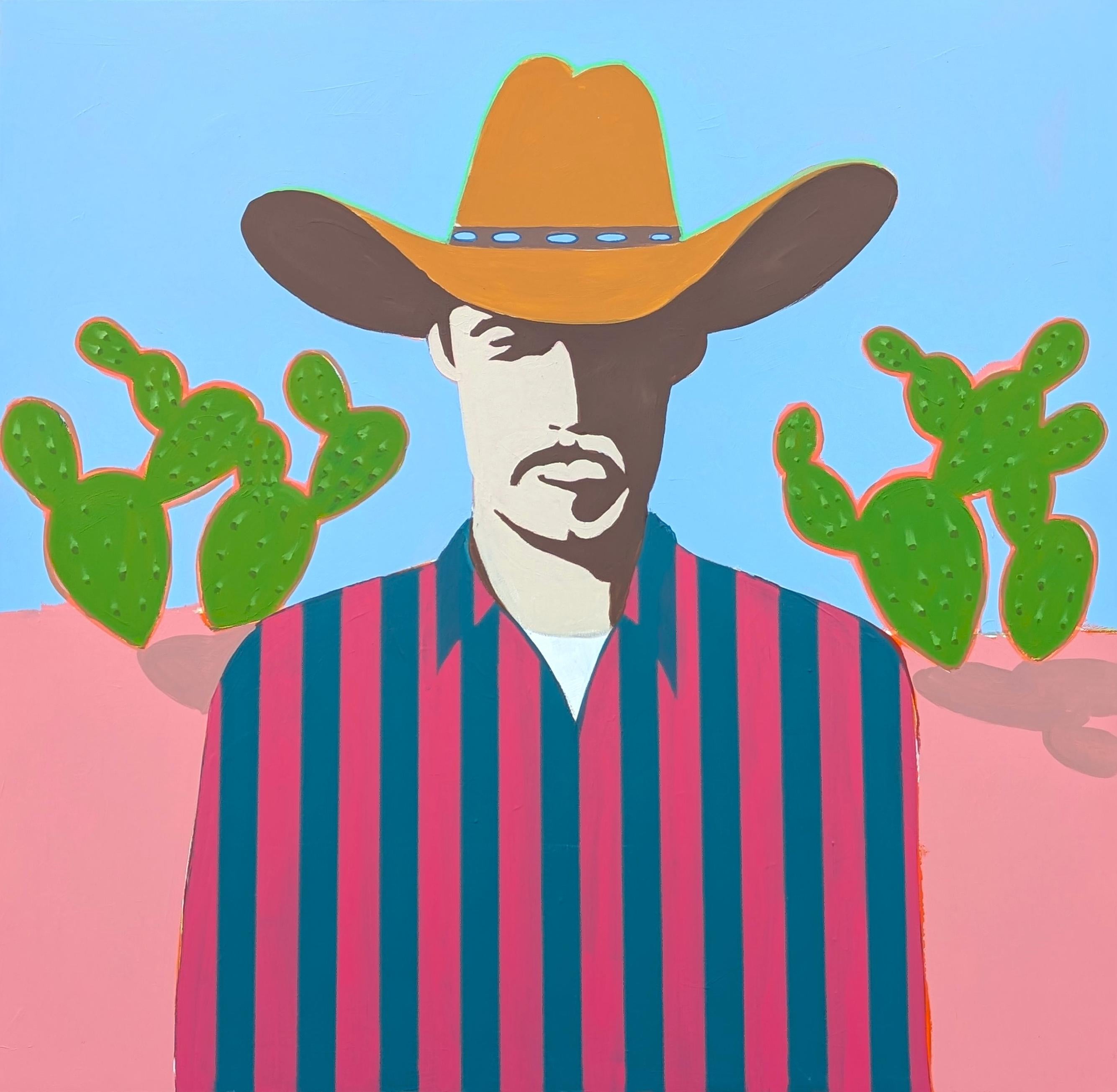 "Carter" Zeitgenössisches abstraktes rosa & blaues Western Cowboy Portrait Gemälde