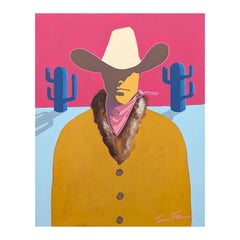 "Argilla" Quadro contemporaneo astratto rosa e blu con ritratto di cowboy occidentale
