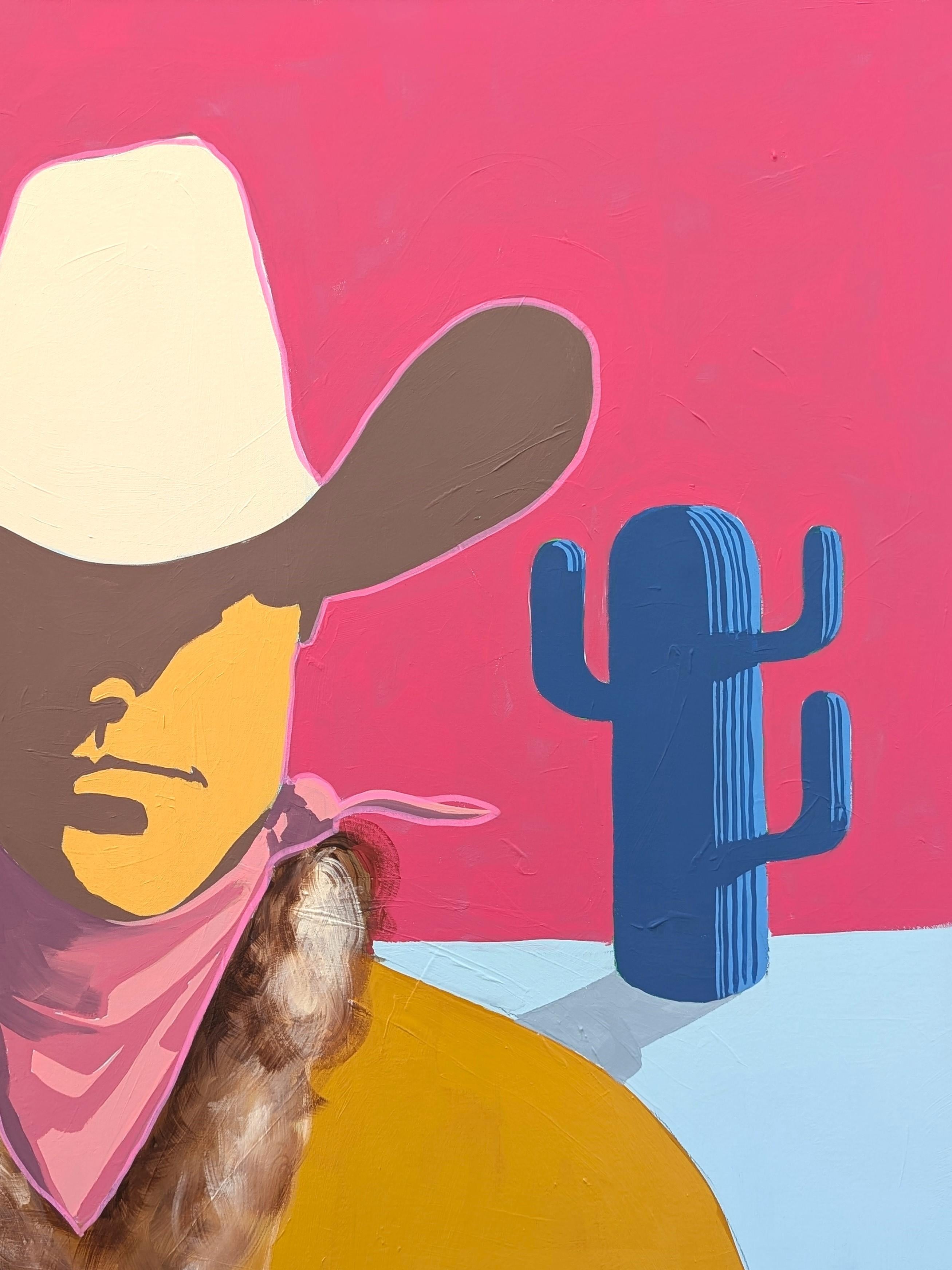 Farbenfrohes abstraktes Cowboy-Porträtgemälde des zeitgenössischen Künstlers Ian Francis. Das Werk zeigt eine vom Western inspirierte Figur mit schattenhaftem Gesicht, gekleidet in einen ockergelben Mantel und einen Cowboyhut vor einer
