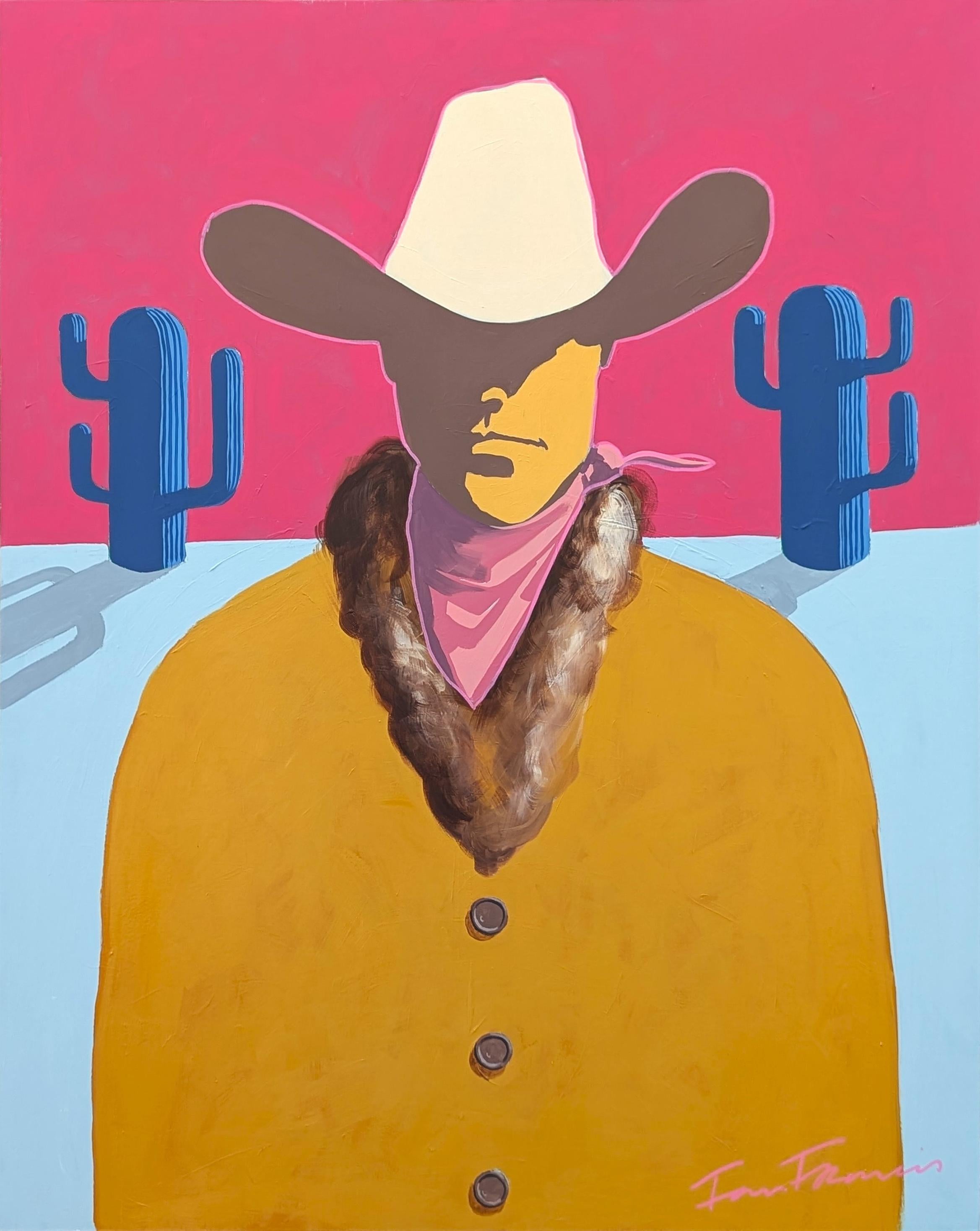 Ian Francis Figurative Painting – "Clay" Zeitgenössische abstrakte rosa und blau Western Cowboy Porträt Malerei