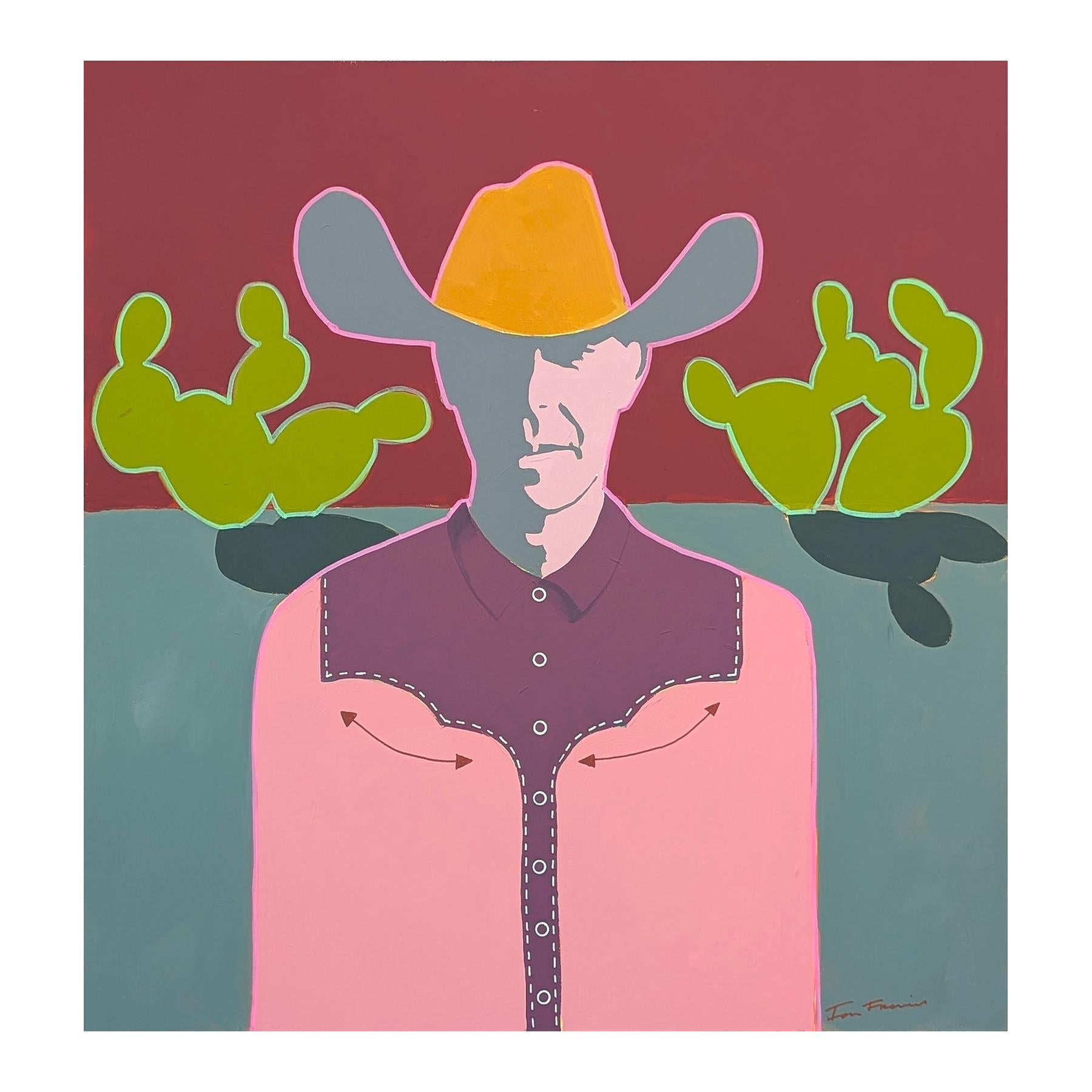 Zeitgenössische abstrakte rot und rosa getönten Western Cowboy Portrait Malerei – Painting von Ian Francis