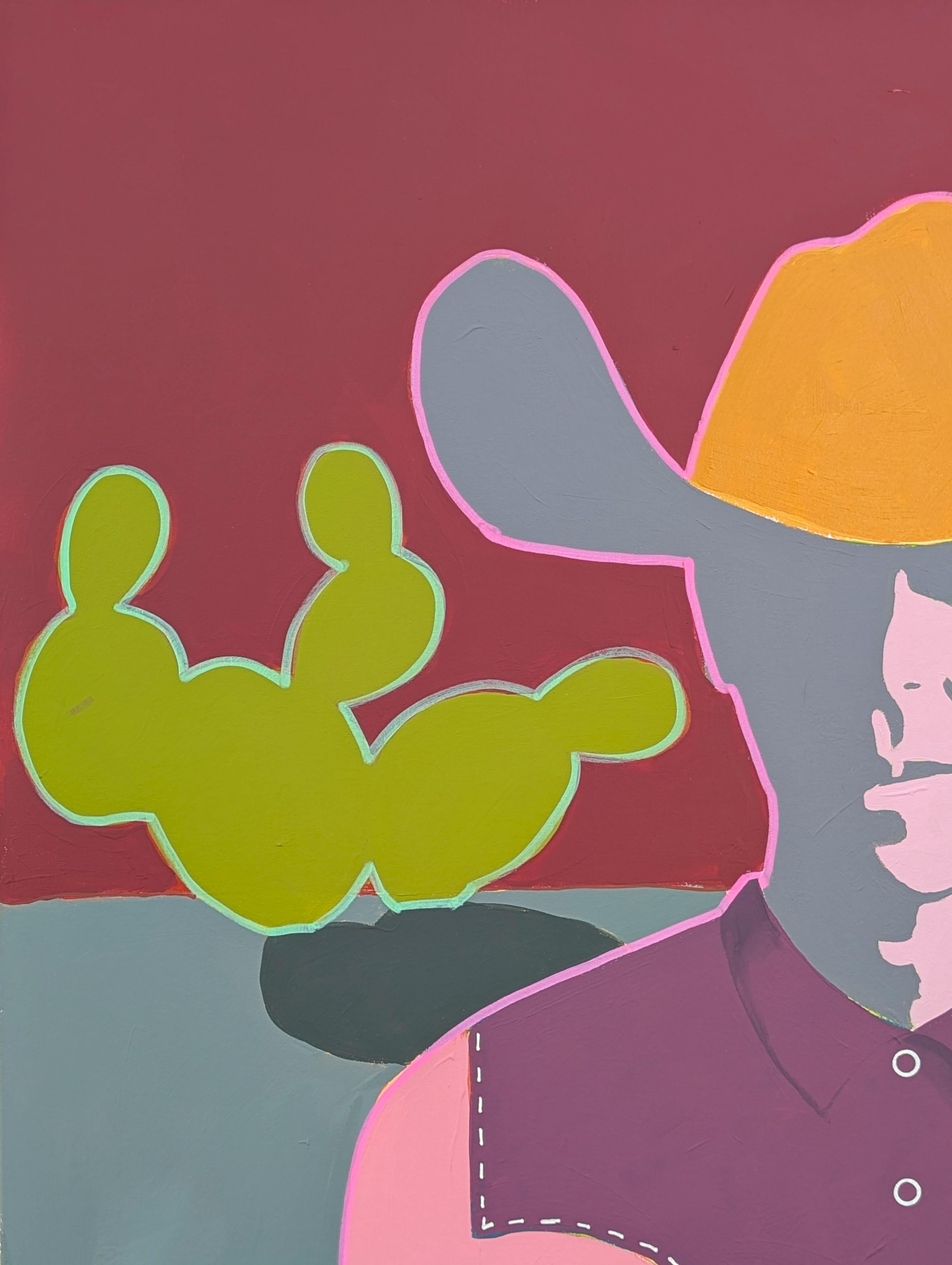Zeitgenössische abstrakte rot und rosa getönten Western Cowboy Portrait Malerei (Braun), Abstract Painting, von Ian Francis