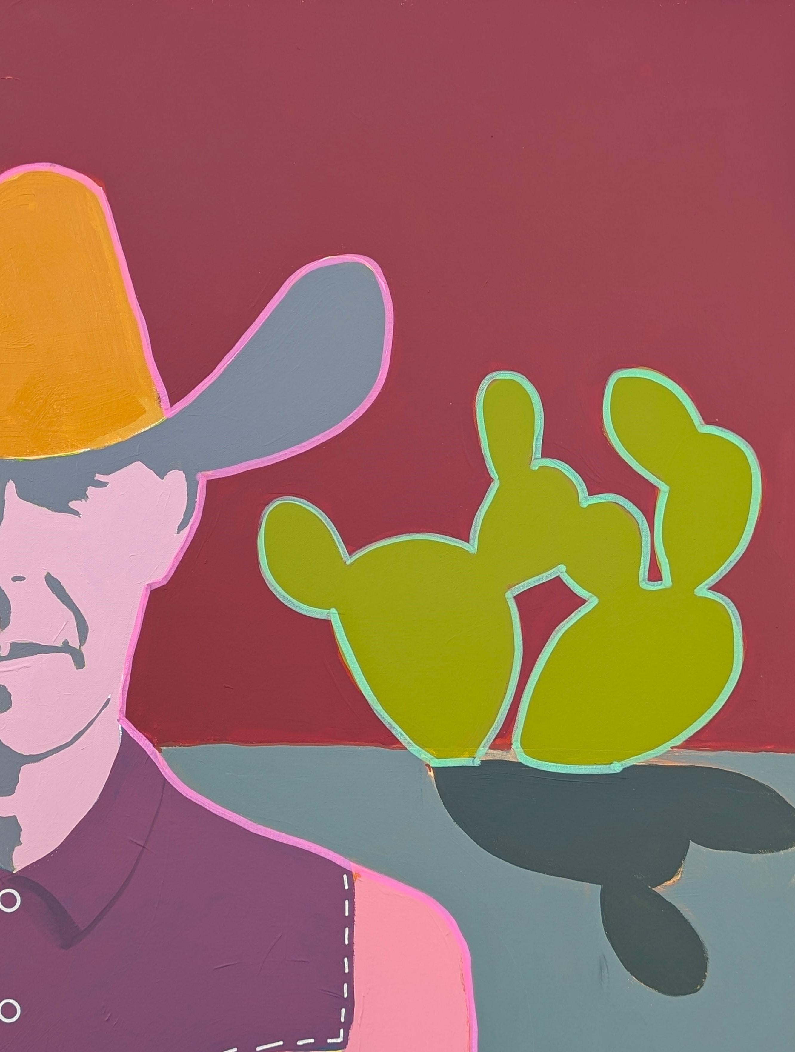 Farbenfrohes abstraktes Cowboy-Porträtgemälde des zeitgenössischen Künstlers Ian Francis. Das Werk zeigt eine vom Western inspirierte Figur mit schattenhaftem Gesicht, die in Rot und Rosa gekleidet ist und einen Cowboyhut vor einer Wüstenlandschaft