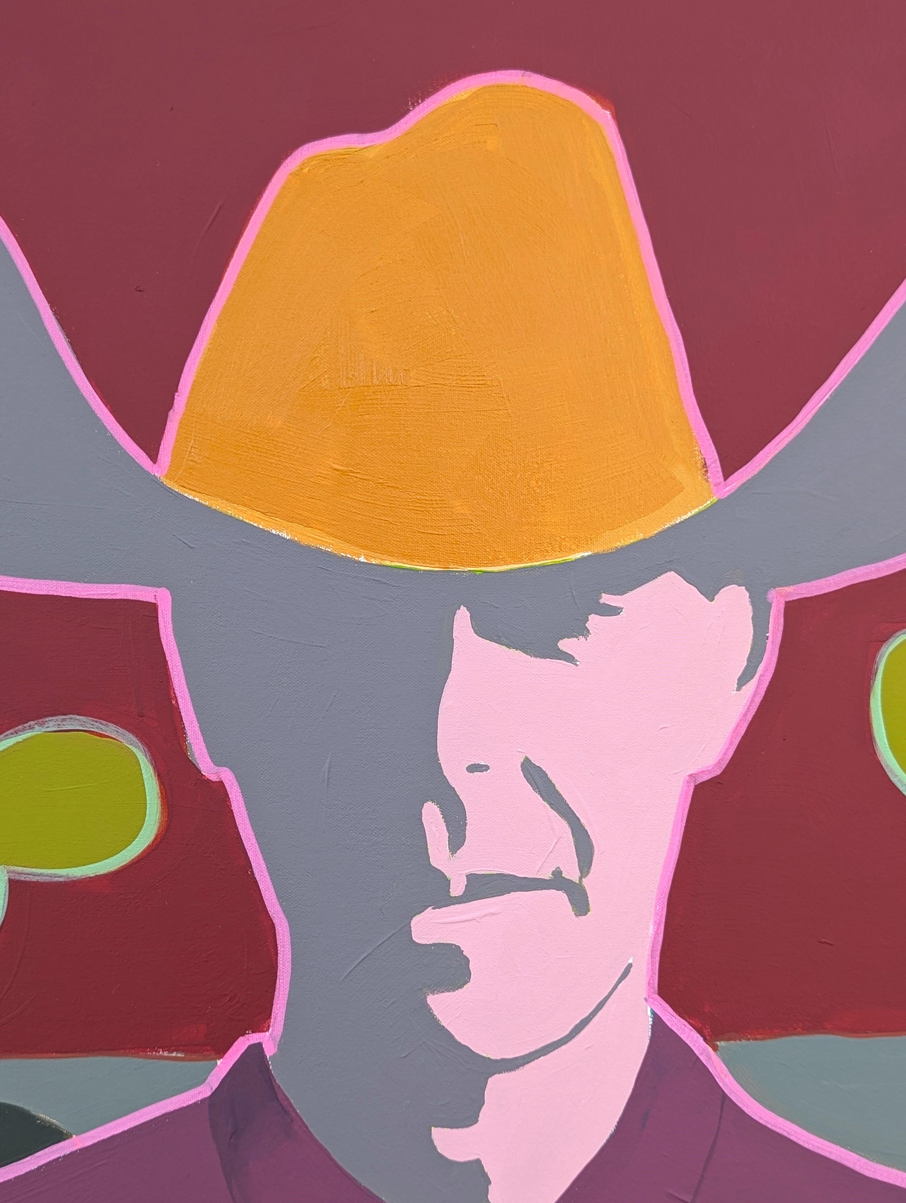 Zeitgenössische abstrakte rot und rosa getönten Western Cowboy Portrait Malerei im Angebot 4
