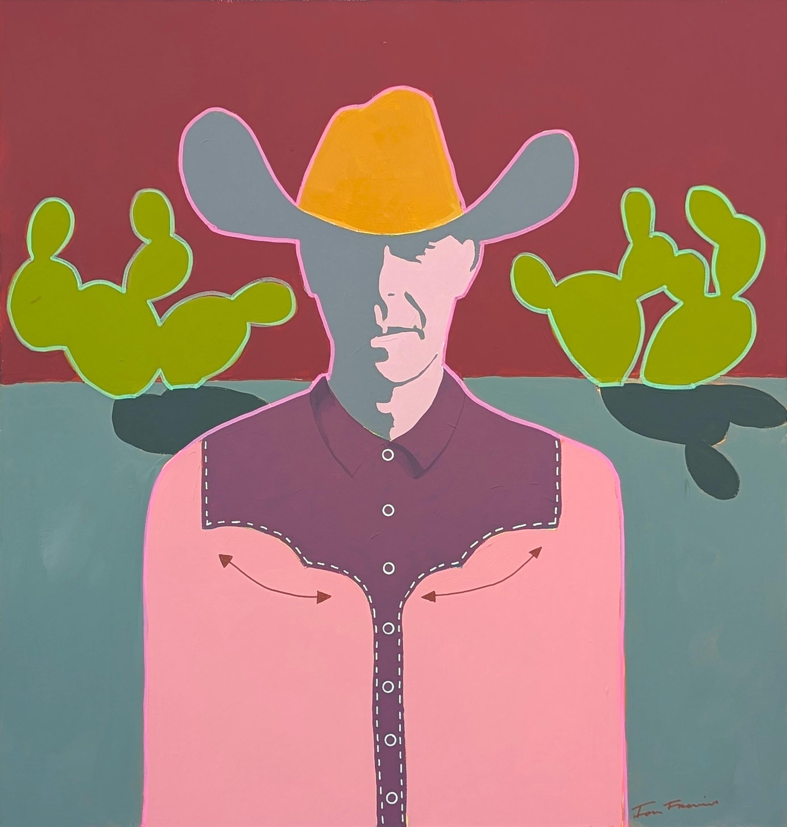 Ian Francis Abstract Painting – Zeitgenössische abstrakte rot und rosa getönten Western Cowboy Portrait Malerei
