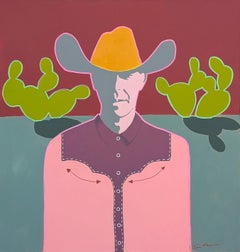 Zeitgenössische abstrakte rot und rosa getönten Western Cowboy Portrait Malerei
