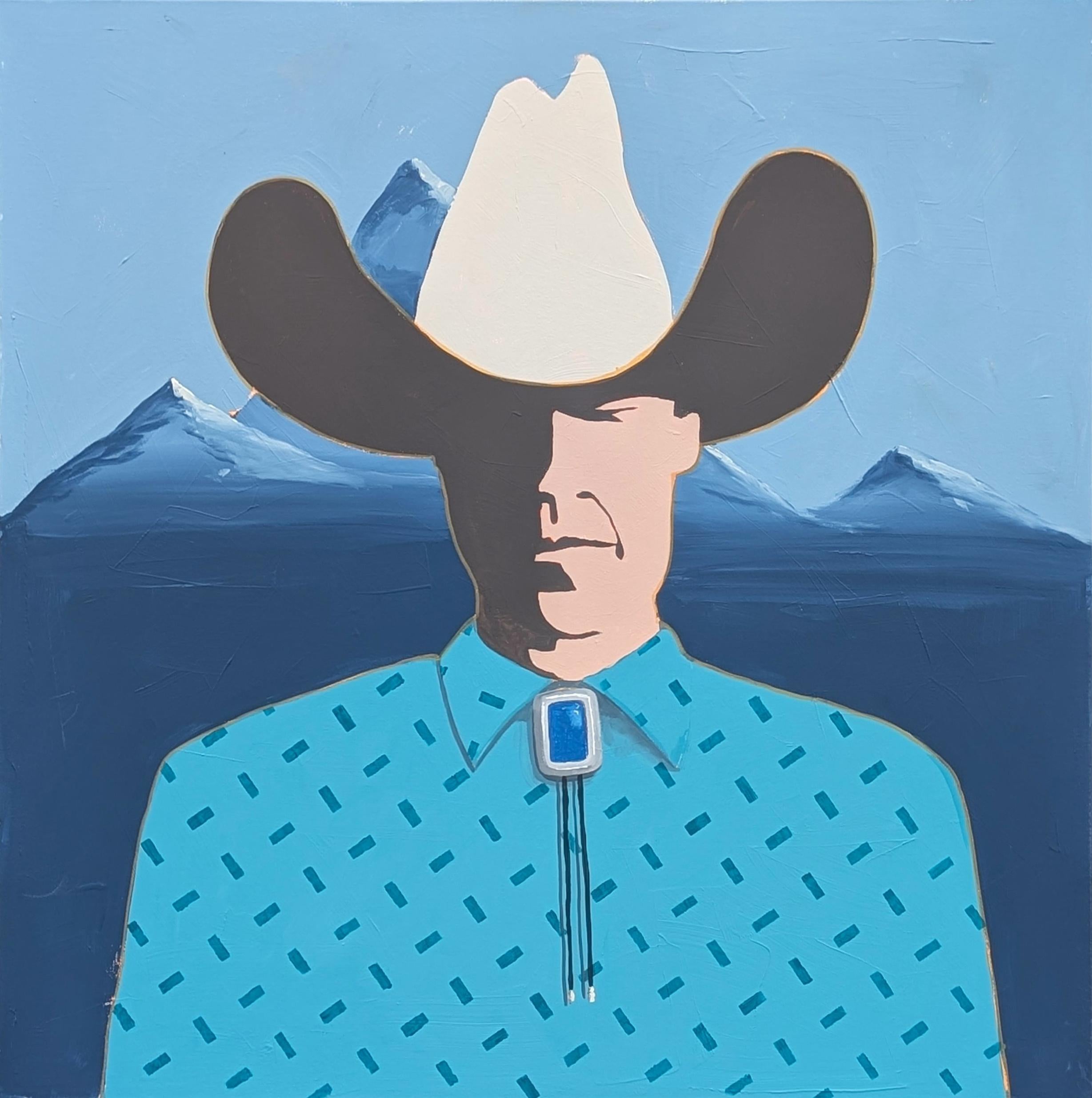 "Erik" Peinture contemporaine abstraite de cow-boy de l'Ouest en tons bleus