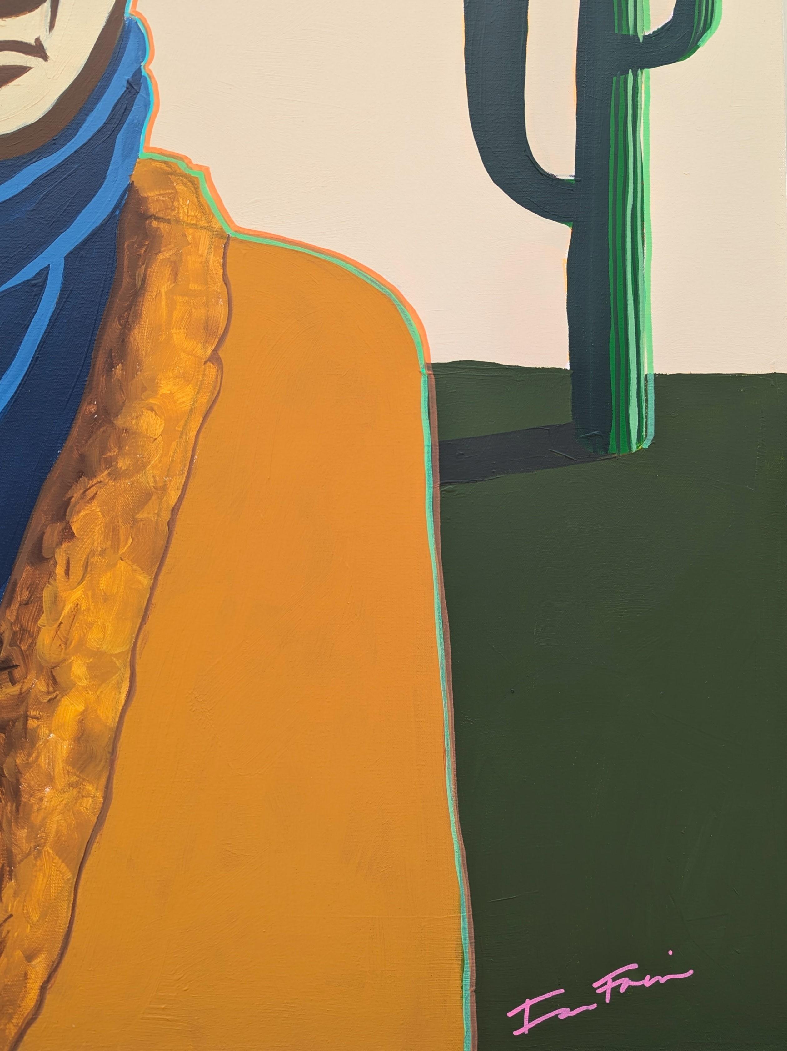 Colorido retrato abstracto de un vaquero pintado por el artista contemporáneo Ian Francis. La obra presenta una figura de inspiración occidental con el rostro ensombrecido, vestida con un pañuelo azul y un abrigo caramelo sobre un fondo verde con