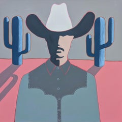 "Gideon" Contemporary Abstract Blue and Pink Western Cowboy Portrait Painting