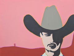 "Huck" Contemporary Abstract Red, Pink & Blue Western Cowboy Portrait Painting