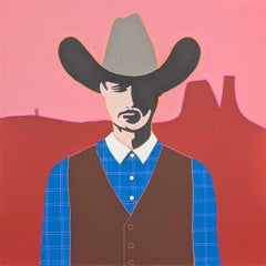 "Huck" Contemporary Abstract Red, Pink & Blue Western Cowboy Portrait Painting