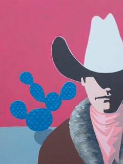 "Jenner" Contemporary Abstract Pink and Blue Western Cowboy Portrait Painting