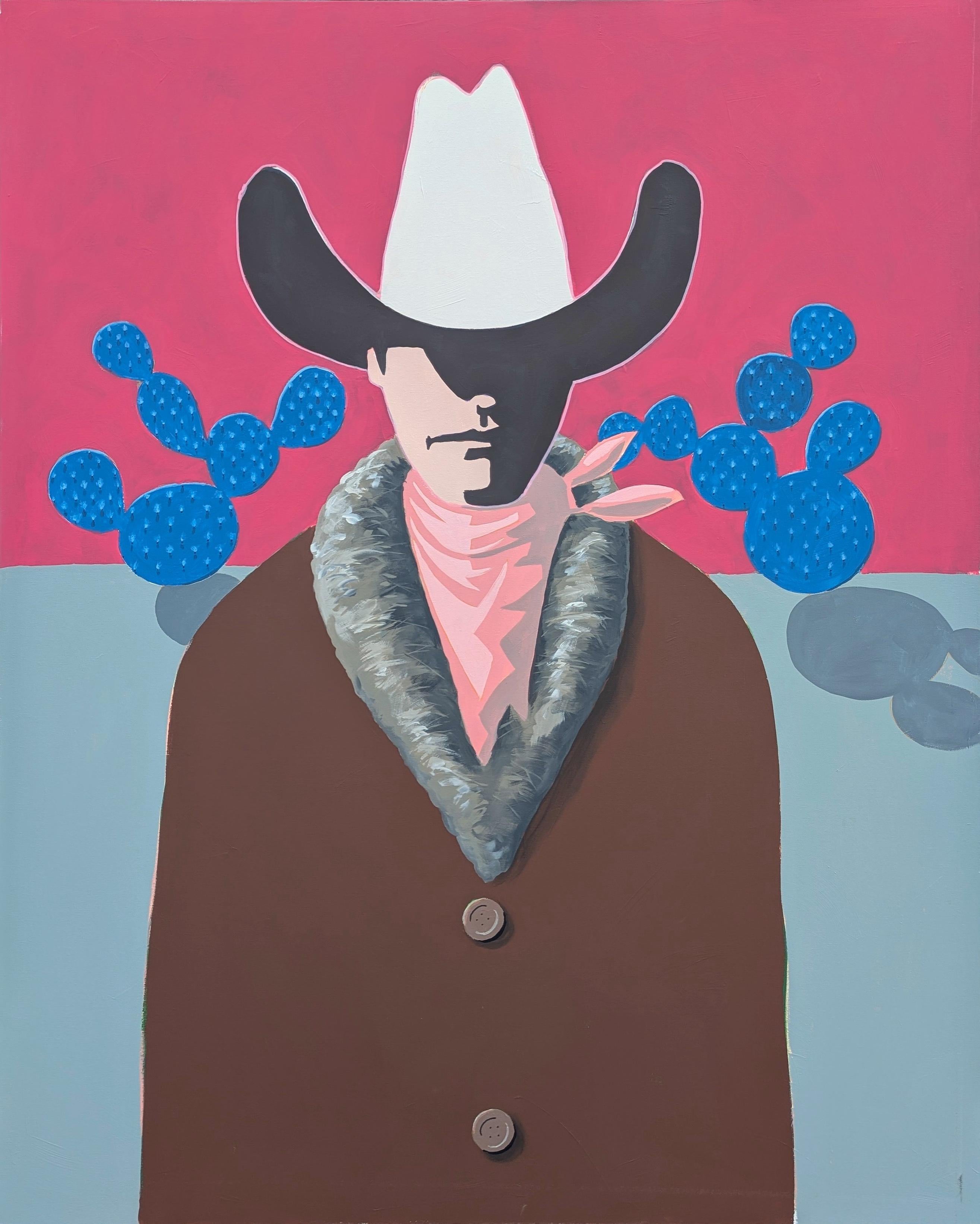 Ian Francis Figurative Painting - "Jenner" Contemporary Abstract Pink and Blue Western Cowboy Portrait Painting