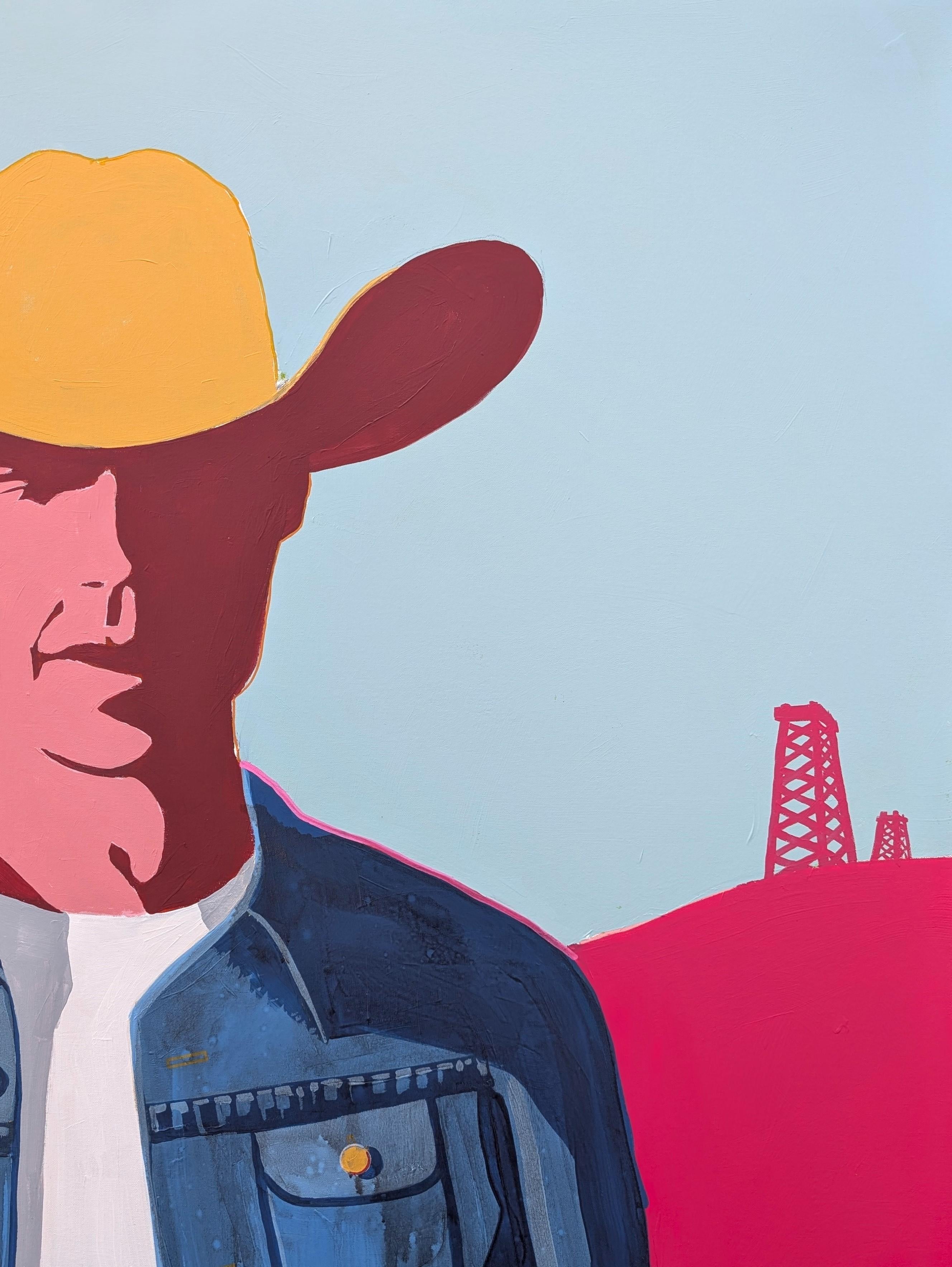 Farbenfrohes abstraktes Cowboy-Porträtgemälde des zeitgenössischen Künstlers Ian Francis. Das Werk zeigt eine vom Western inspirierte Figur mit schattenhaftem Gesicht, gekleidet in eine blaue Jeansjacke und einen Cowboyhut vor einer Wüstenlandschaft