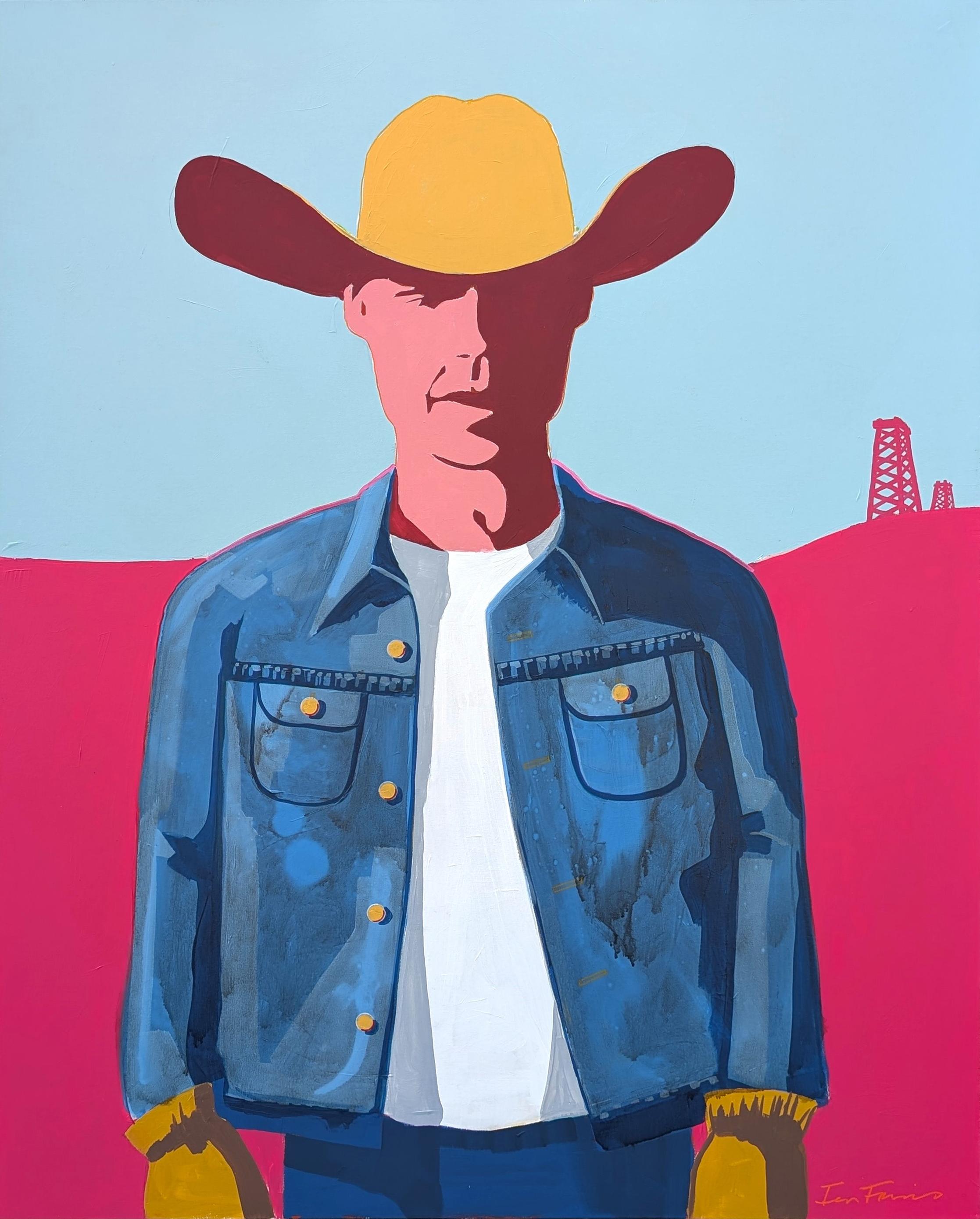 Ian Francis Figurative Painting – "Jet" Zeitgenössische abstrakte rosa und blau Western Cowboy Porträt Malerei