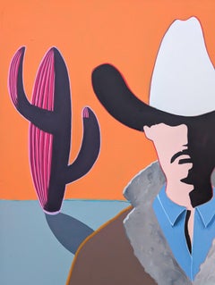 "Jonah" Contemporary Abstract Orange and Pink Western Cowboy Portrait Painting