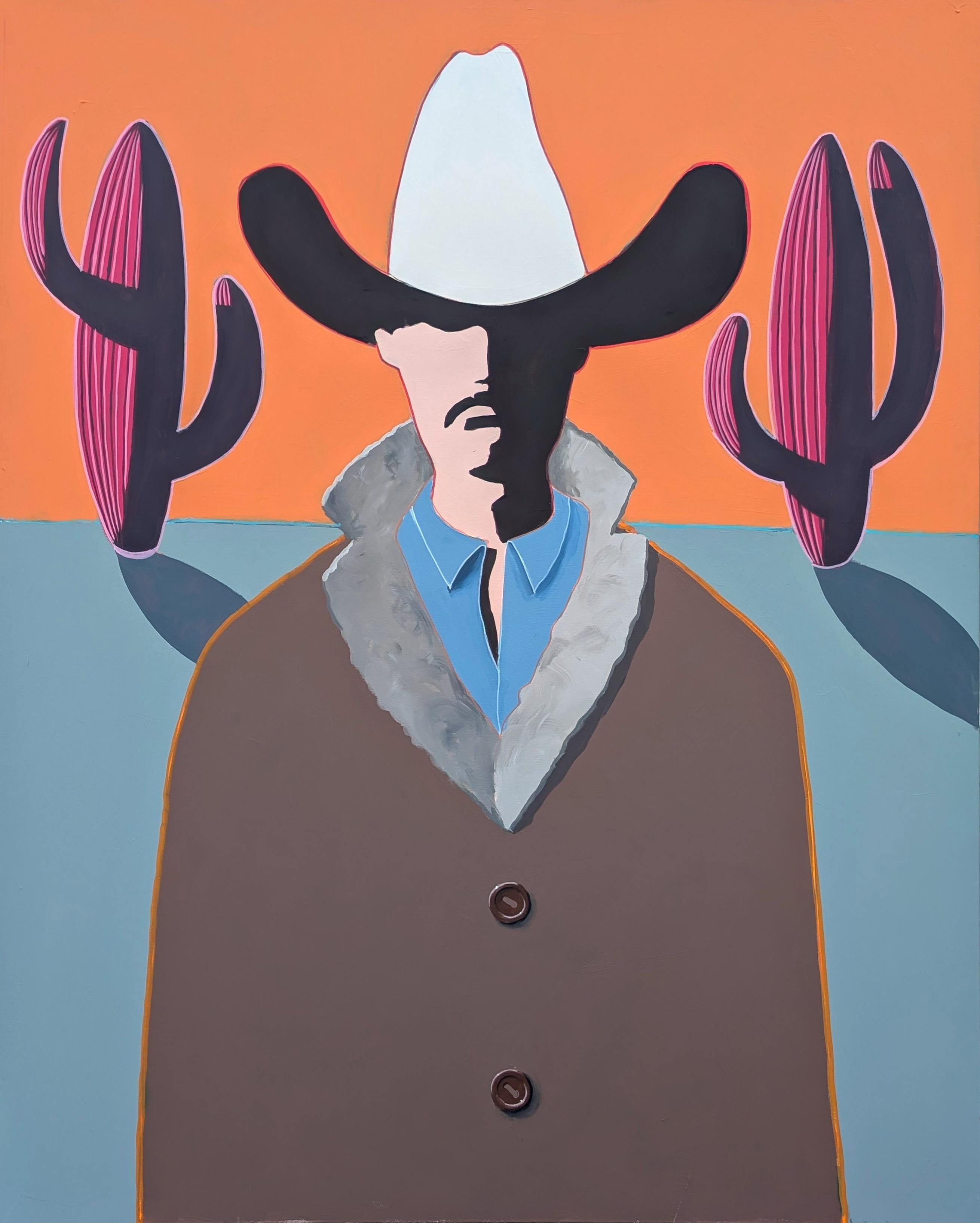 Ian Francis Abstract Painting - "Jonah" Contemporary Abstract Orange and Pink Western Cowboy Portrait Painting