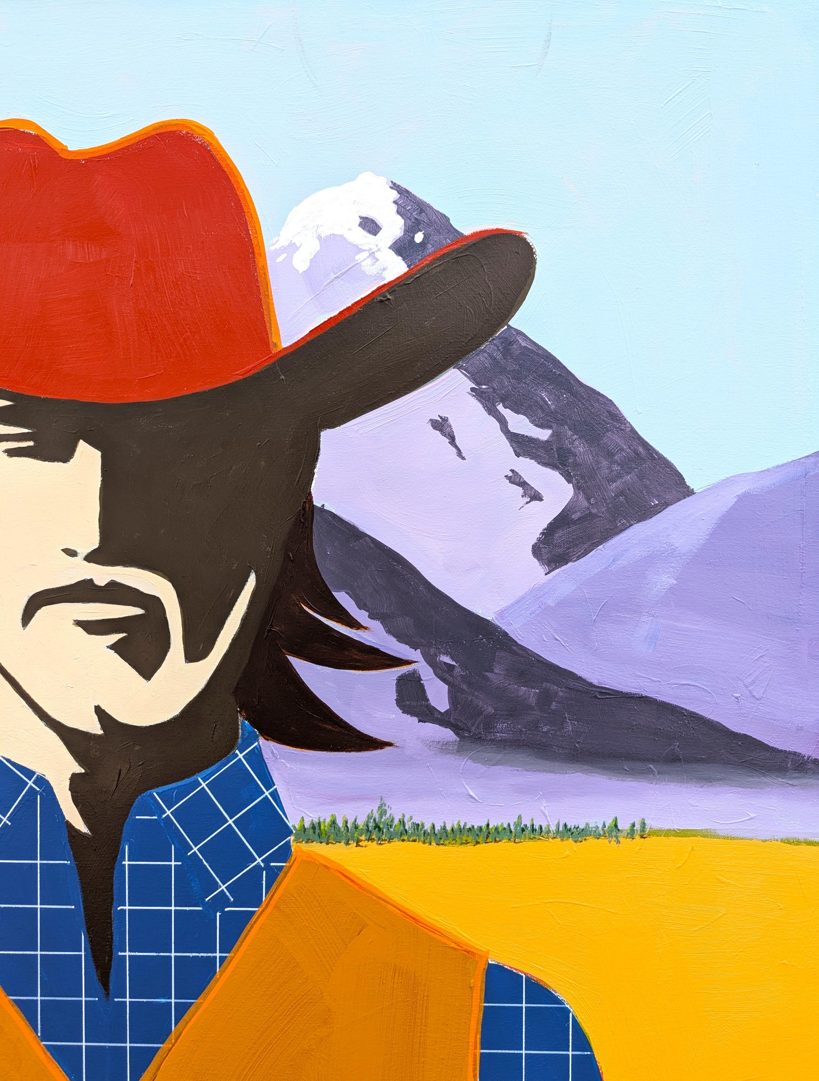 Farbenfrohes abstraktes Cowboy-Porträtgemälde des zeitgenössischen Künstlers Ian Francis. Das Werk zeigt eine vom Western inspirierte Figur mit schattenhaftem Gesicht, gekleidet in blauem Plaid und mit einem Cowboyhut vor einer Berglandschaft.