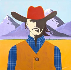 "JT" Zeitgenössisches abstraktes blau-gelbes Western-Cowboy-Portrait-Gemälde
