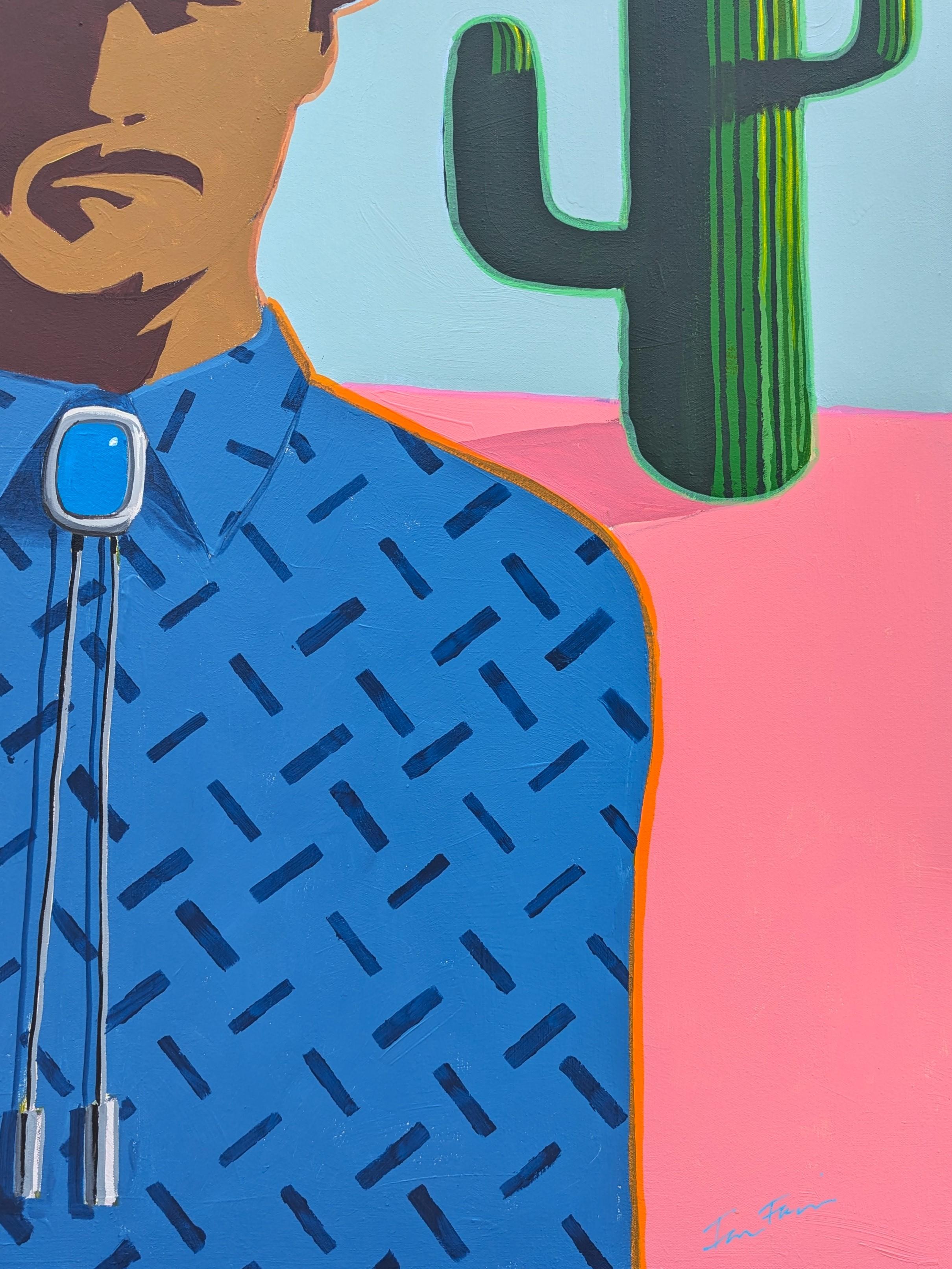 Colorato ritratto astratto di cowboy dipinto dall'artista contemporaneo Ian Francis. L'opera presenta una figura di ispirazione western con un volto in ombra, vestita con una camicia blu e una cravatta bolo, su uno sfondo rosa e blu con cactus.