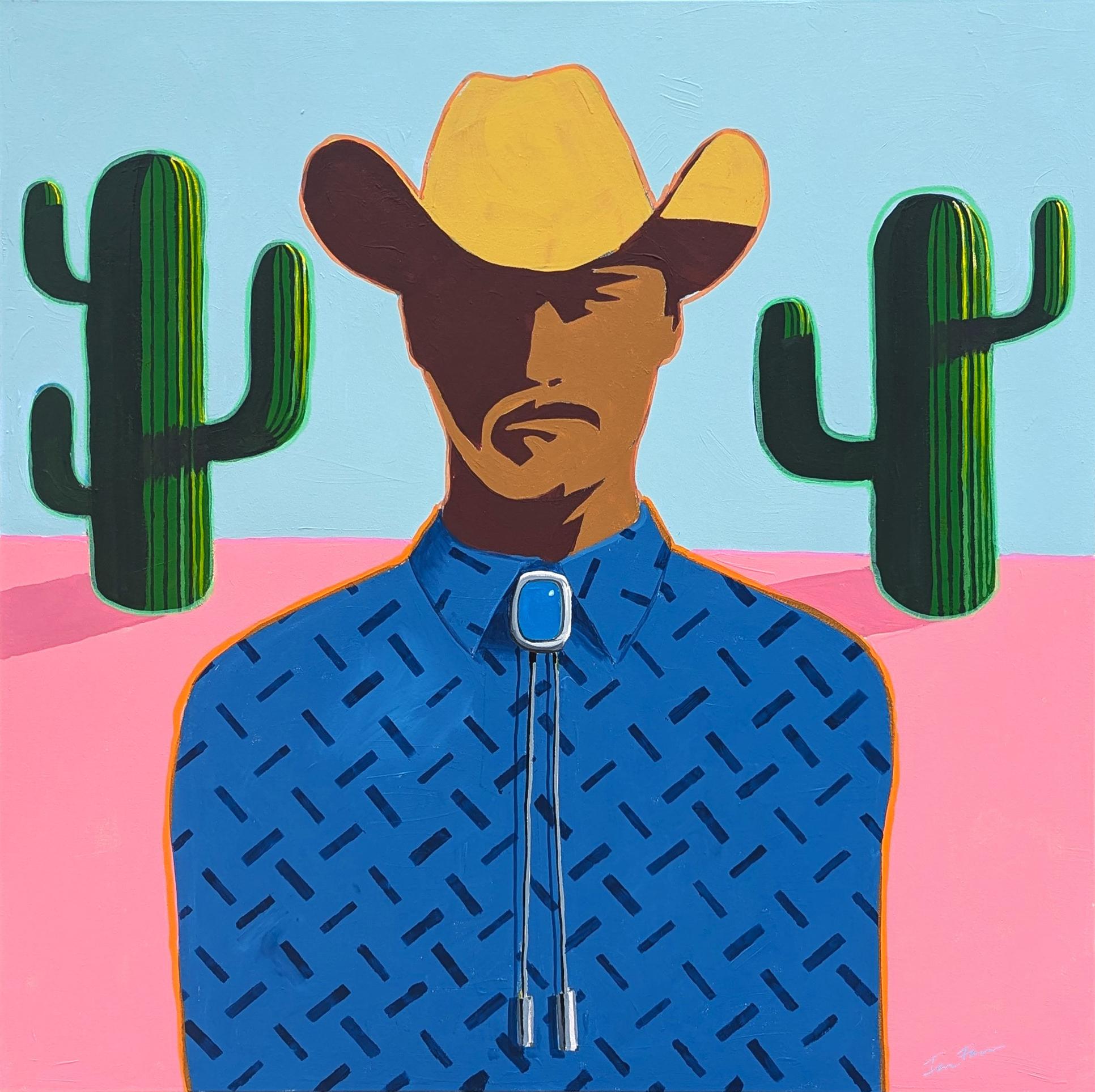 Abstract Painting di Ian Francis - "Lefty" Quadro contemporaneo astratto colorato con ritratto di cowboy occidentale
