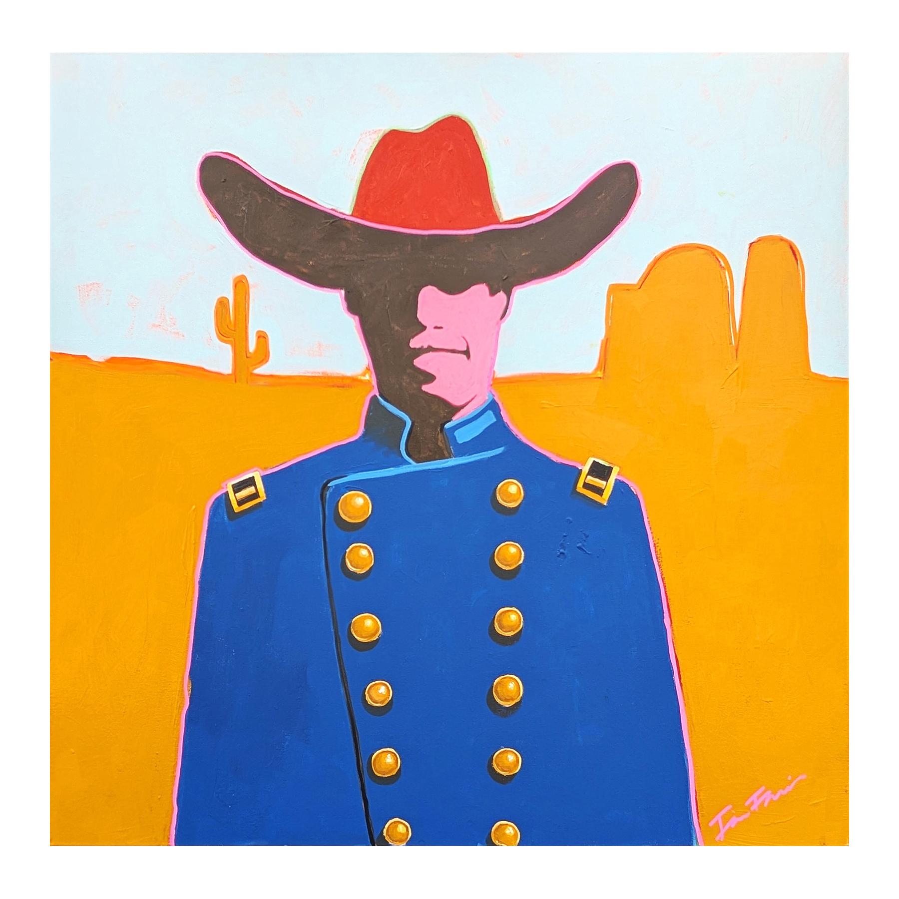 Colorful abstract cowboy portrait painting by contemporary artist Ian Francis. The work features a western inspired figure with a shadowed face dressed in bright blue with a red cowboy hat set against a desert landscape. Signed by the artist in the