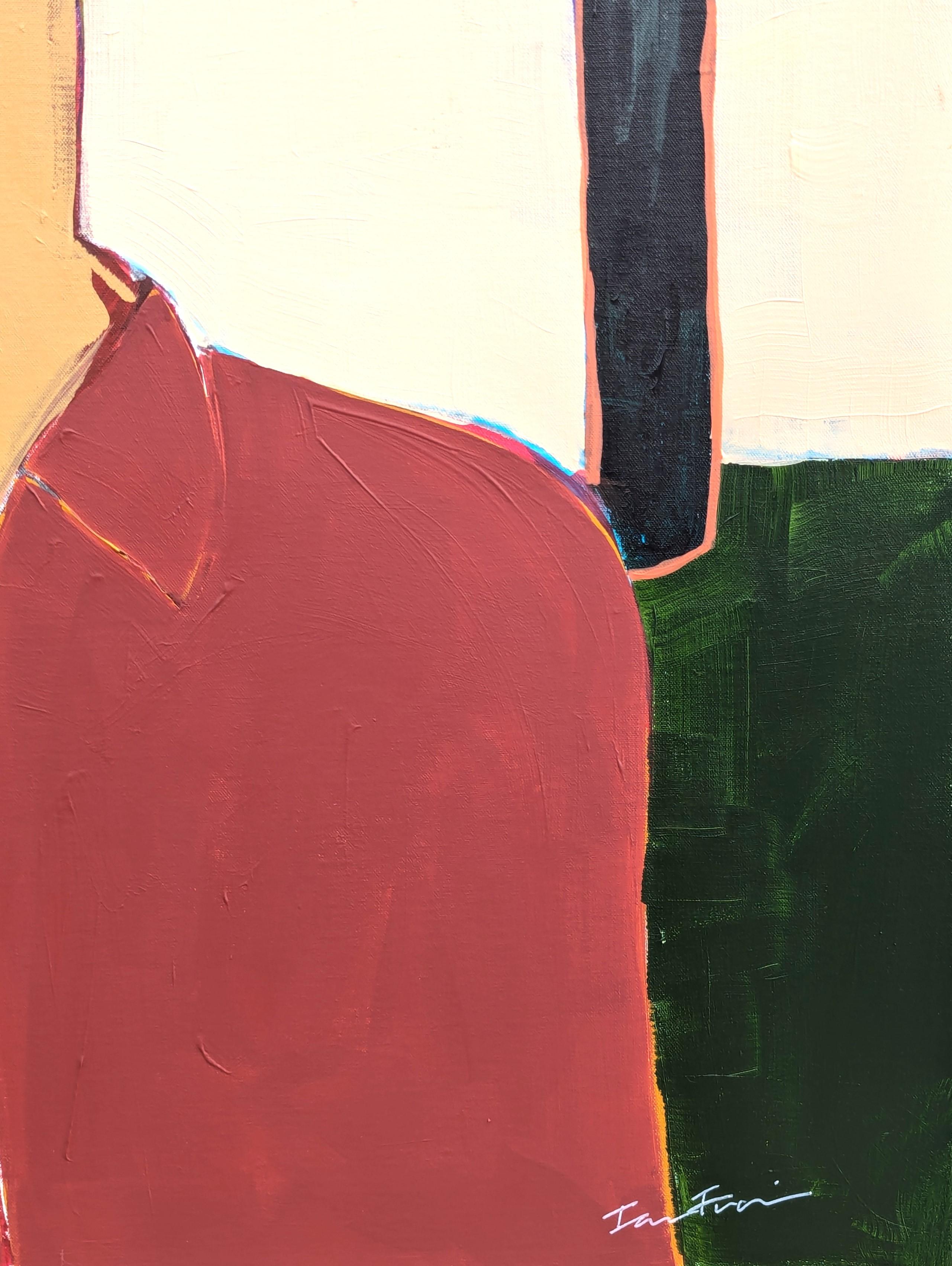 Ritratto astratto di cowboy dai toni neutri dipinto dall'artista contemporaneo Ian Francis. L'opera presenta una figura di ispirazione western con un volto in ombra vestito con una camicia rossa. Firmato dall'artista nell'angolo anteriore in basso a
