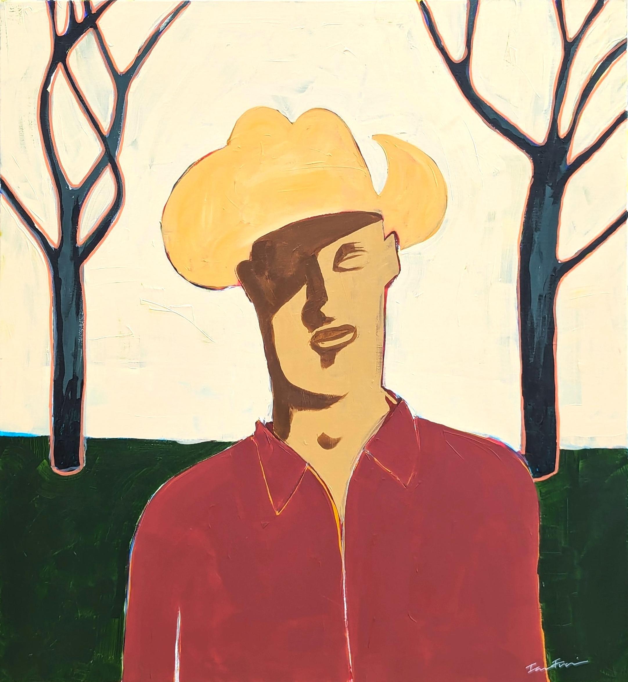 Abstract Painting di Ian Francis - "Luke" Quadro astratto contemporaneo con ritratto di cowboy occidentale dai toni neutri