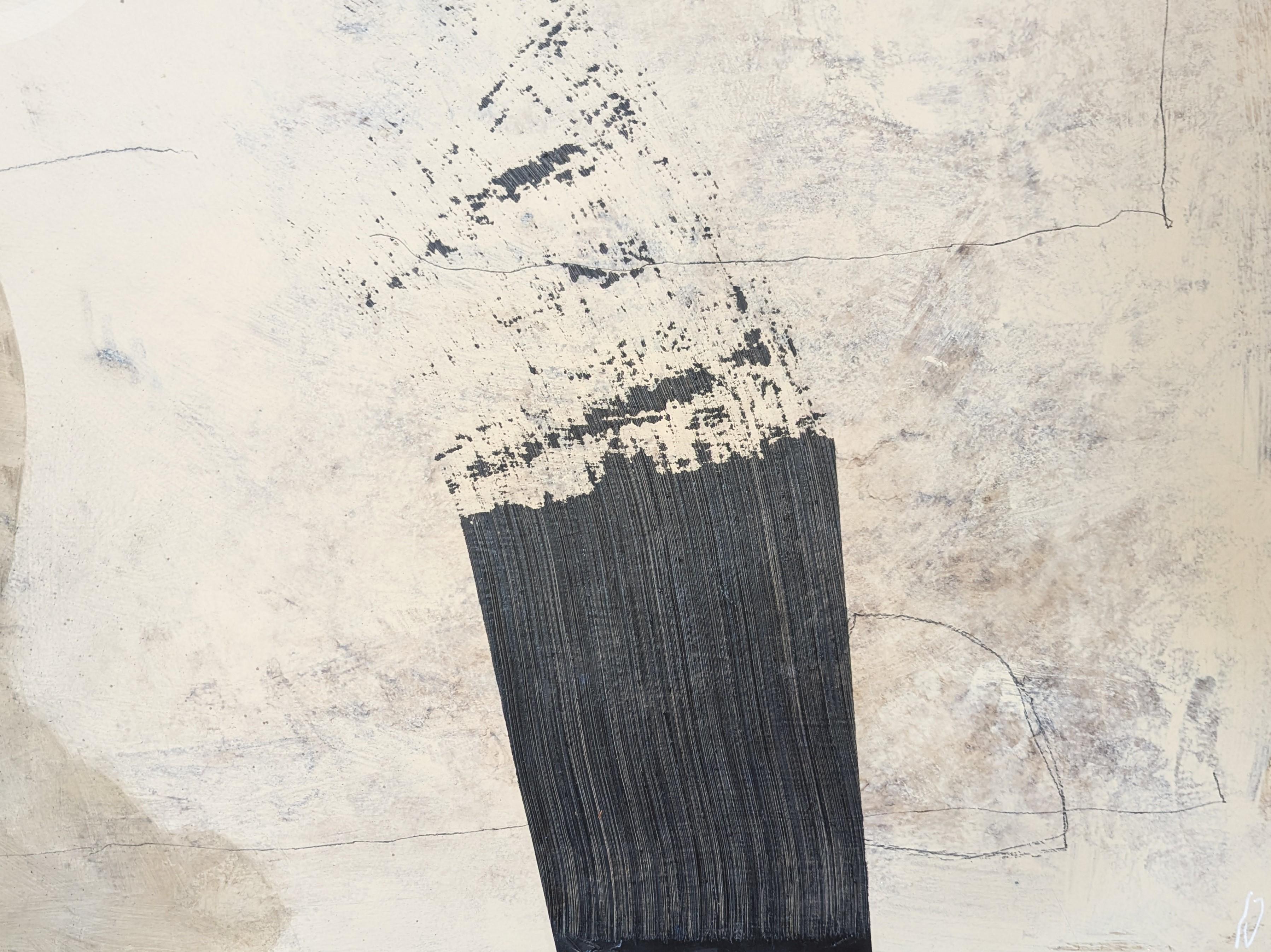Quadro astratto gestuale dai toni neutri dell'artista contemporaneo Ian Francis. L'opera presenta una varietà di segni gestuali in bianco e marrone, accentuati da un quadrato nero nell'angolo in basso a destra. Firmato, intitolato e datato sul