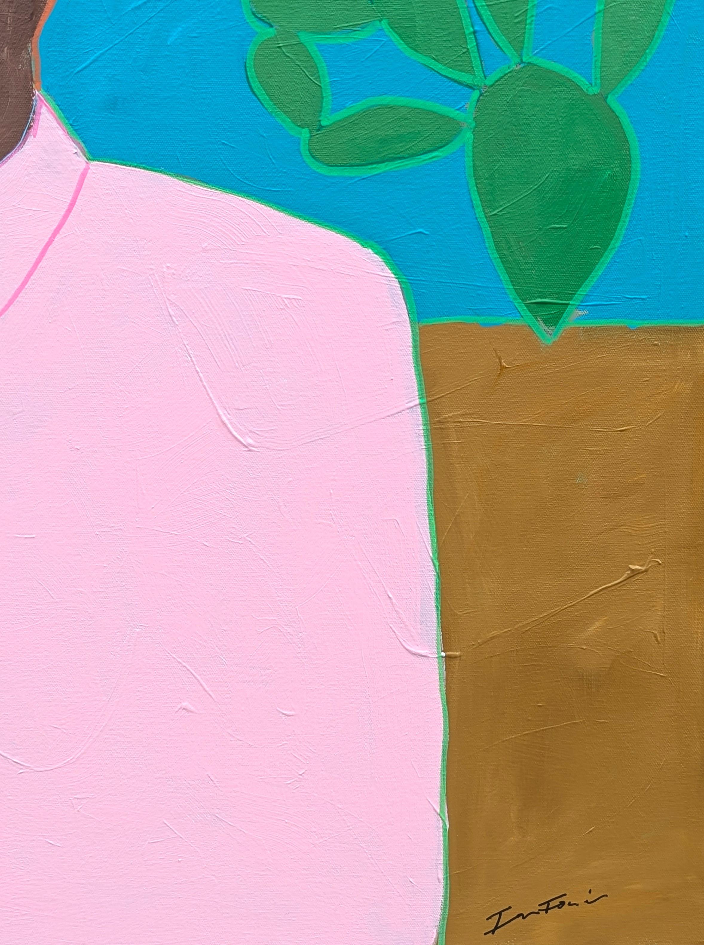 Colorato ritratto astratto di cowboy dipinto dall'artista contemporaneo Ian Francis. L'opera presenta una figura di ispirazione western con un volto in ombra, vestita con una camicia rosa e una cravatta bolo su uno sfondo blu brillante con cactus.