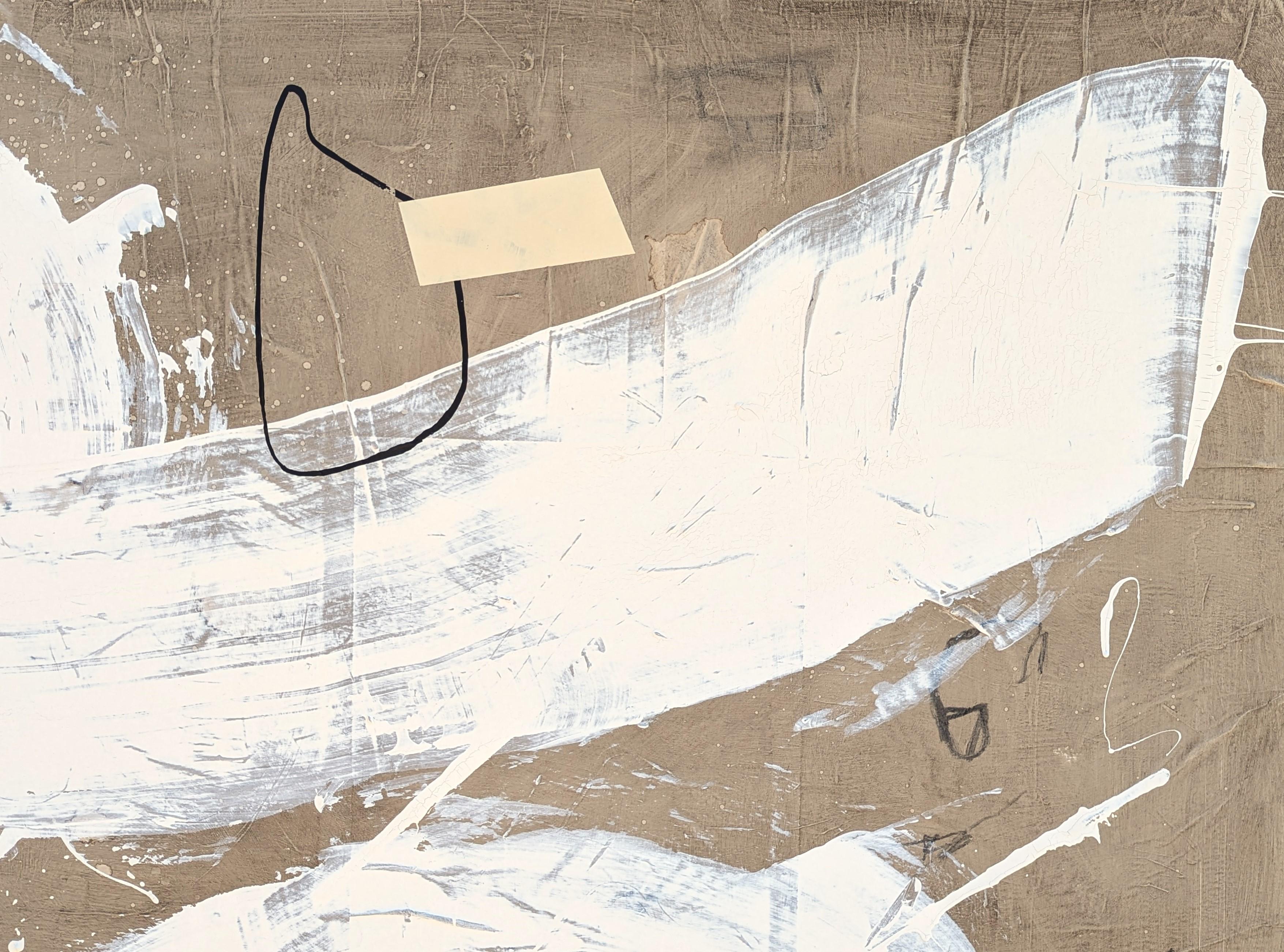 Quadro astratto gestuale dai toni neutri dell'artista contemporaneo Ian Francis. L'opera presenta una varietà di segni gestuali in bianco e nero, accentuati da piccole forme beige. Firmato, intitolato e datato sul retro. Attualmente non è