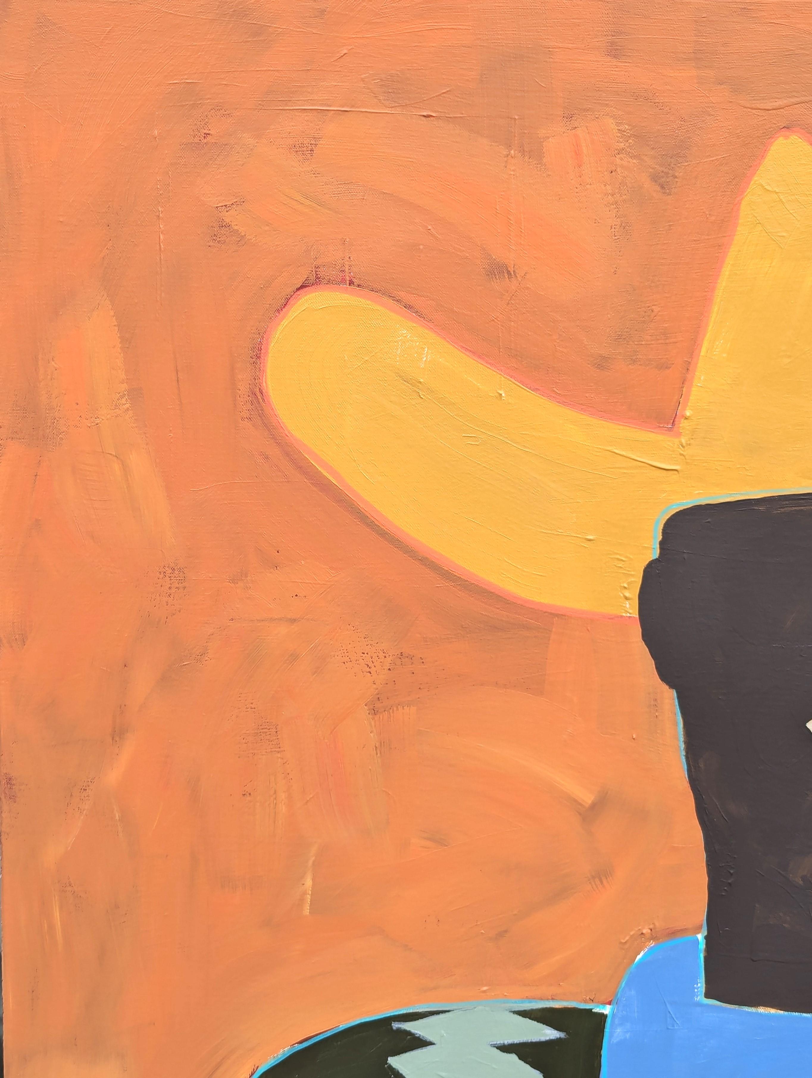 Colorful abstract cowboy portrait painting by contemporary artist Ian Francis. The work features a western inspired figure with a shadowed face dressed in a patterned shirt and blue scarf set against an orange background. Signed by the artist in the