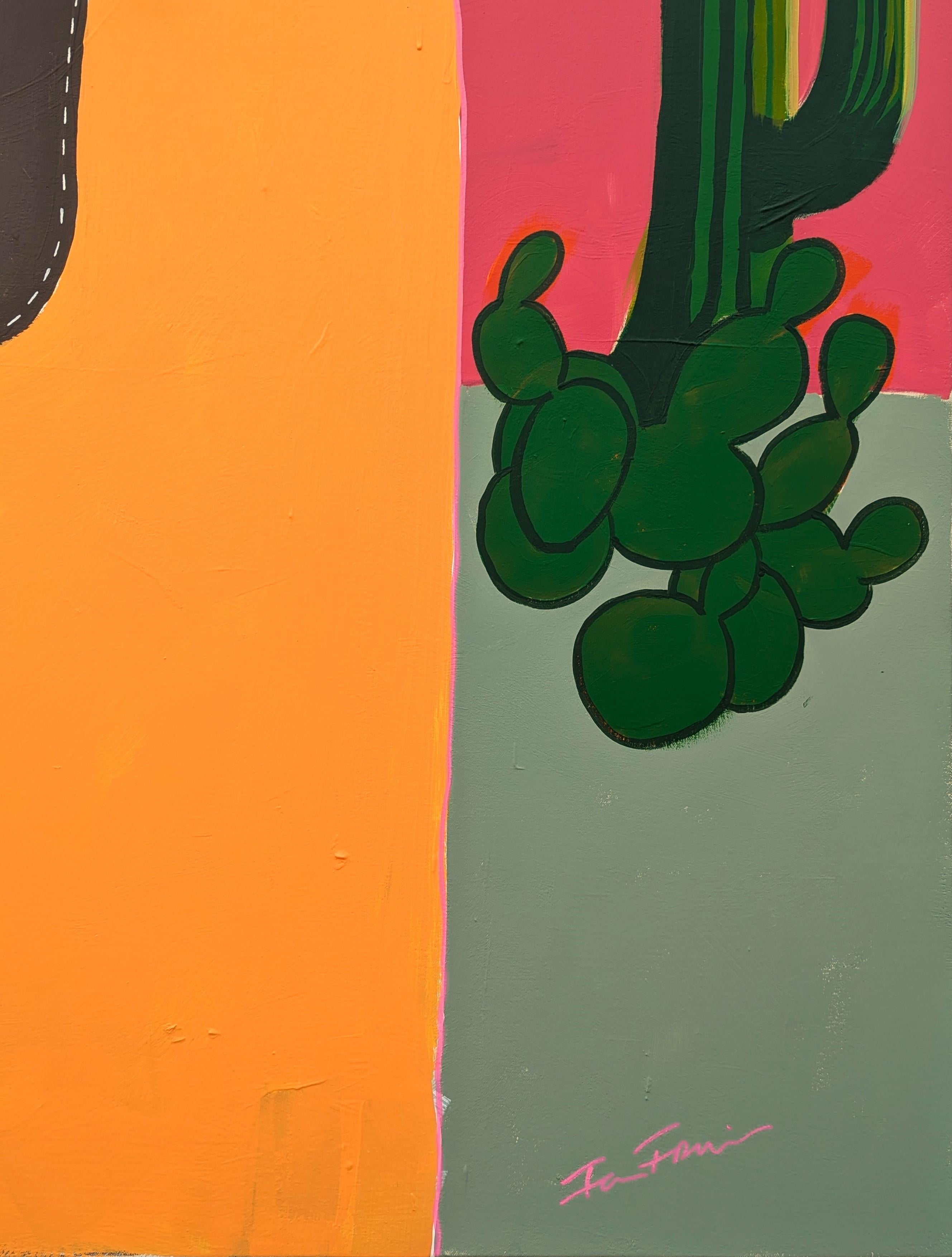 Colorato ritratto astratto di cowboy dipinto dall'artista contemporaneo Ian Francis. L'opera presenta una figura di ispirazione western con un volto in ombra vestito di arancione su uno sfondo magenta di paesaggio desertico con cactus. Firmato,