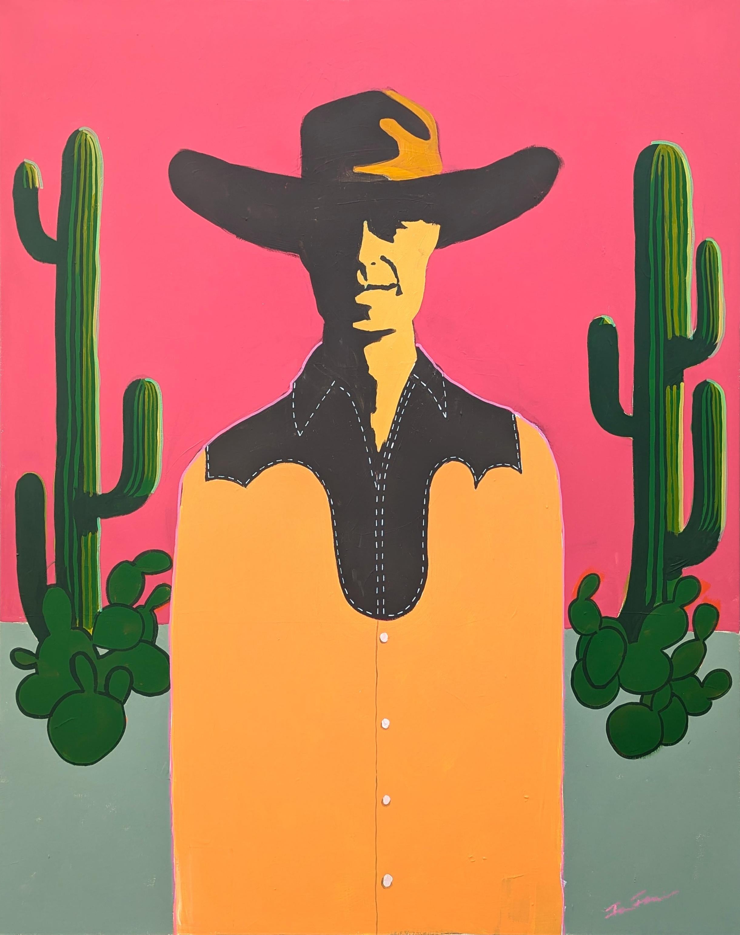 Abstract Painting di Ian Francis - "Slim" Quadro contemporaneo astratto e colorato con ritratto di cowboy occidentale
