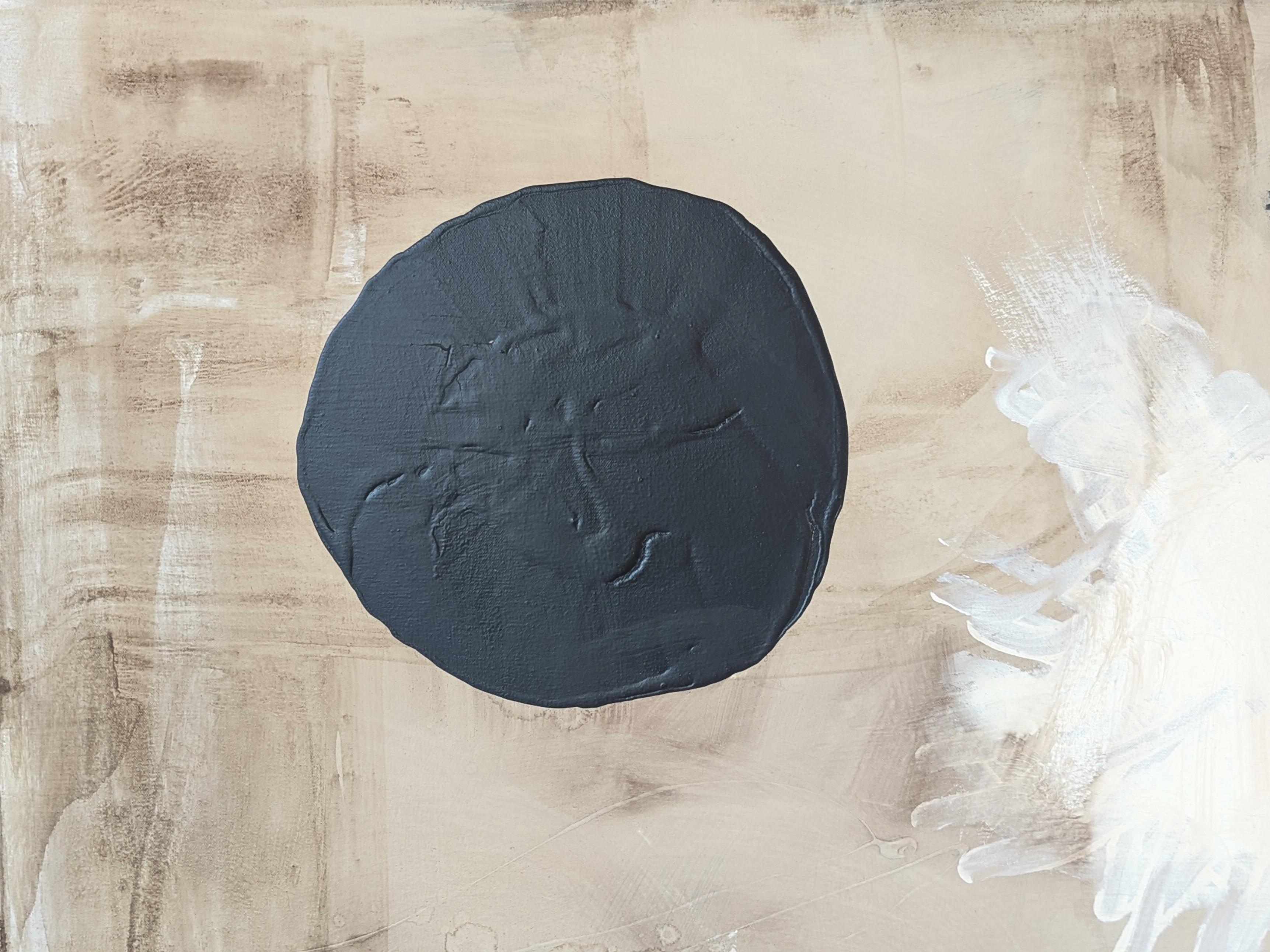 Neutral toned gestural abstract painting by contemporary artist Ian Francis. The work features a variety of gestural marks in white and tan, accented by a black circle in the upper left corner. Signed, titled, and dated on the reverse. Currently