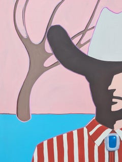 "Tanner" Contemporary Abstract Red, Pink & Blue Western Cowboy Portrait Painting