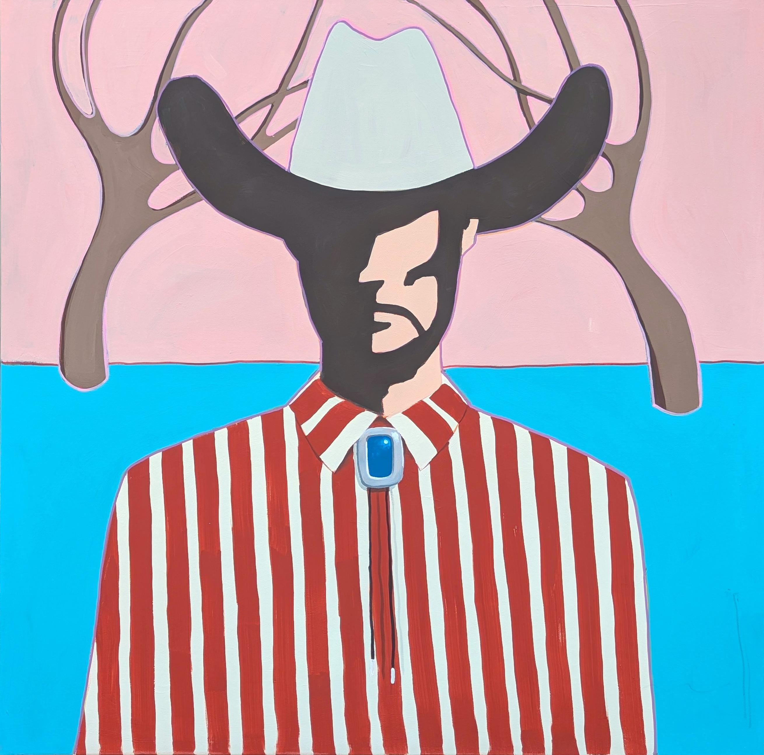 "Tanner" Zeitgenössische abstrakte rote, rosa & blaue Western Cowboy Portrait Malerei