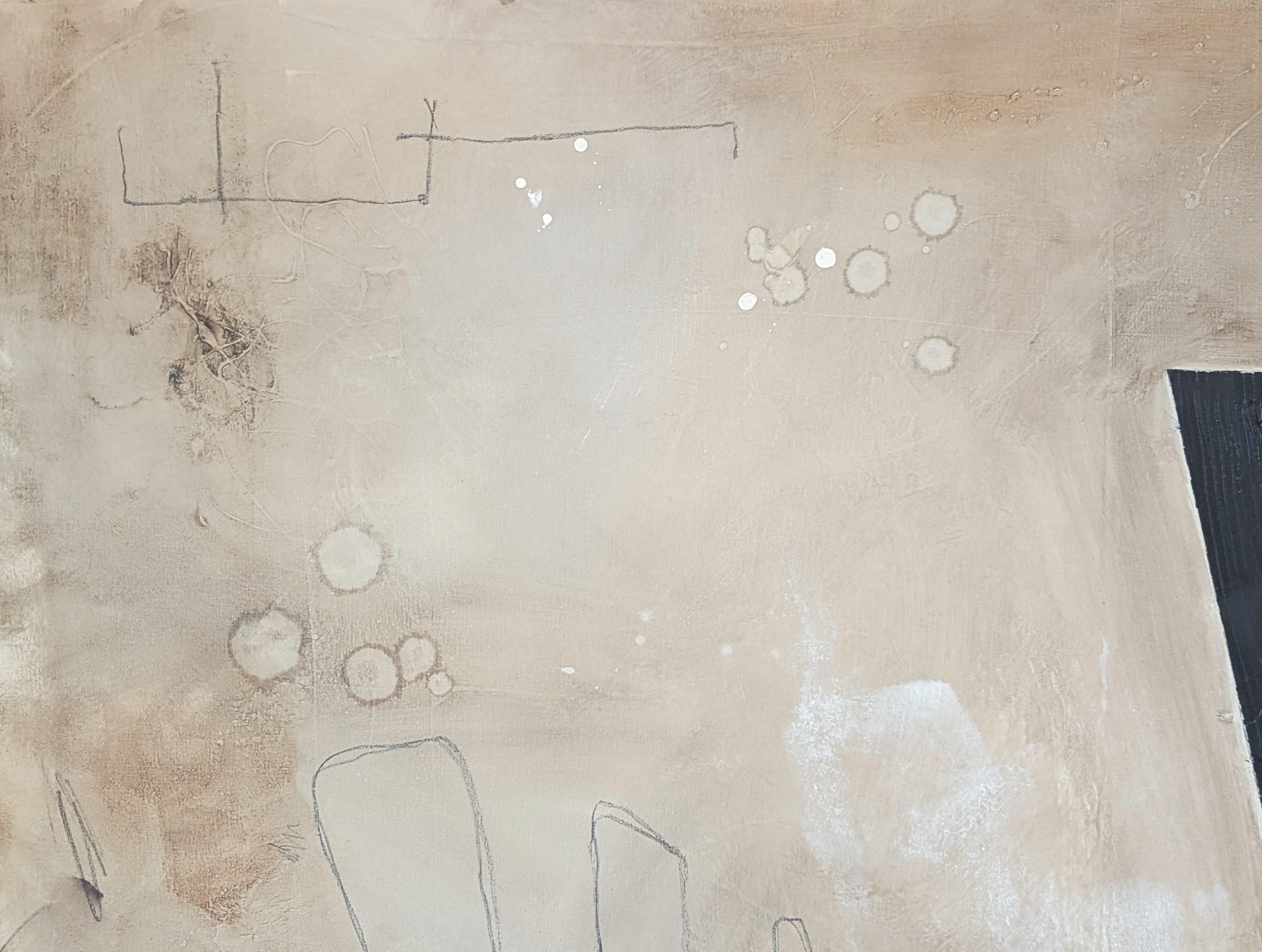 Quadro astratto gestuale dai toni neutri dell'artista contemporaneo Ian Francis. L'opera presenta una varietà di segni gestuali in bianco e marrone, accentuati da un quadrato nero. Firmato, intitolato e datato sul retro. Attualmente non è