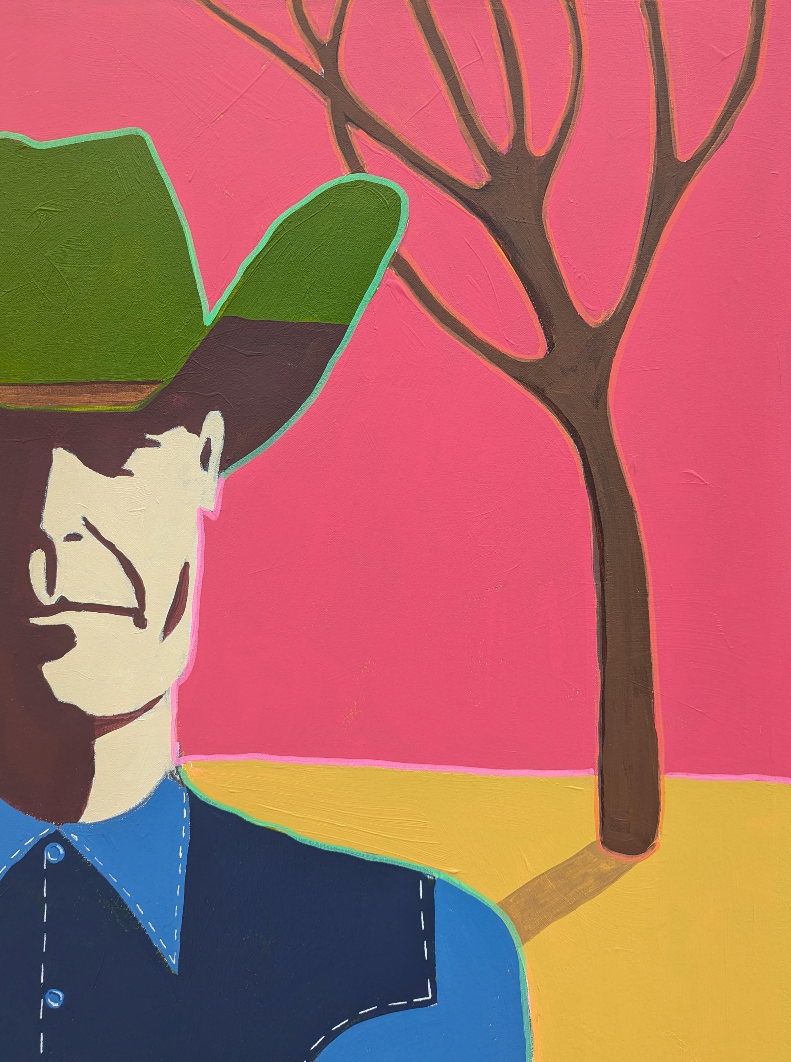 Farbenfrohes abstraktes Cowboy-Porträtgemälde des zeitgenössischen Künstlers Ian Francis. Das Werk zeigt eine westlich inspirierte Figur mit schattenhaftem Gesicht, die ein blaues Hemd und einen grünen Hut trägt und vor einem leuchtend rosa-gelben