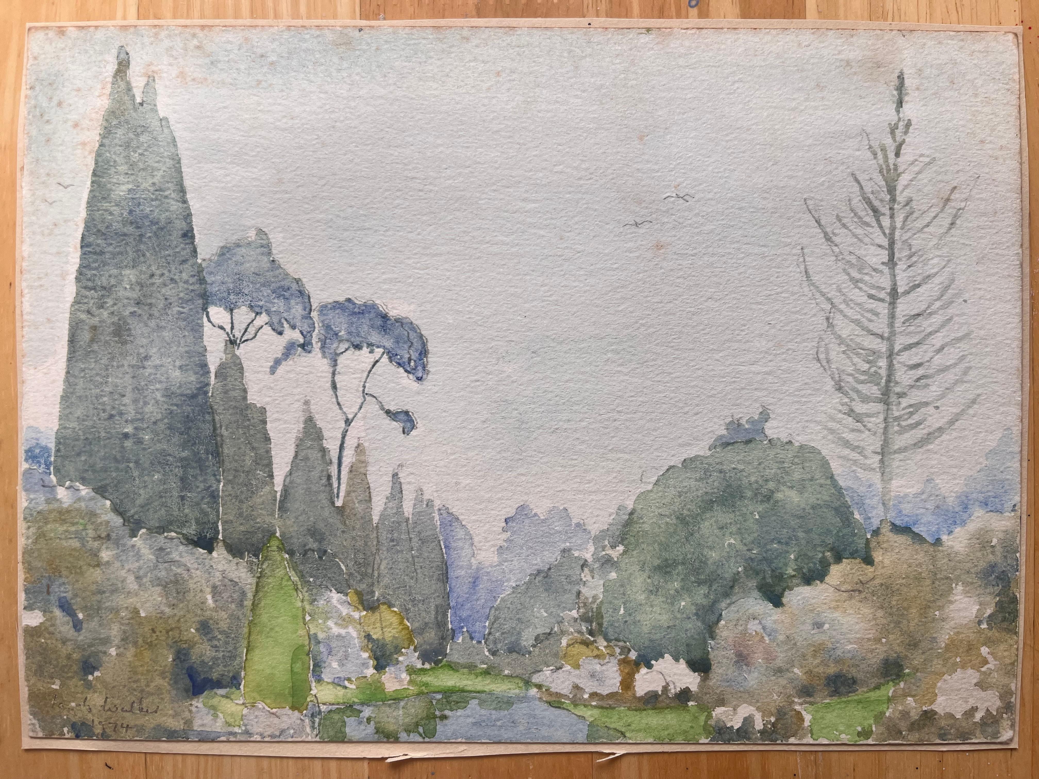 Fein detailliertes britisches Aquarell einer Landschaft mit Bäumen und Wäldern – Art von Ian G. Walker