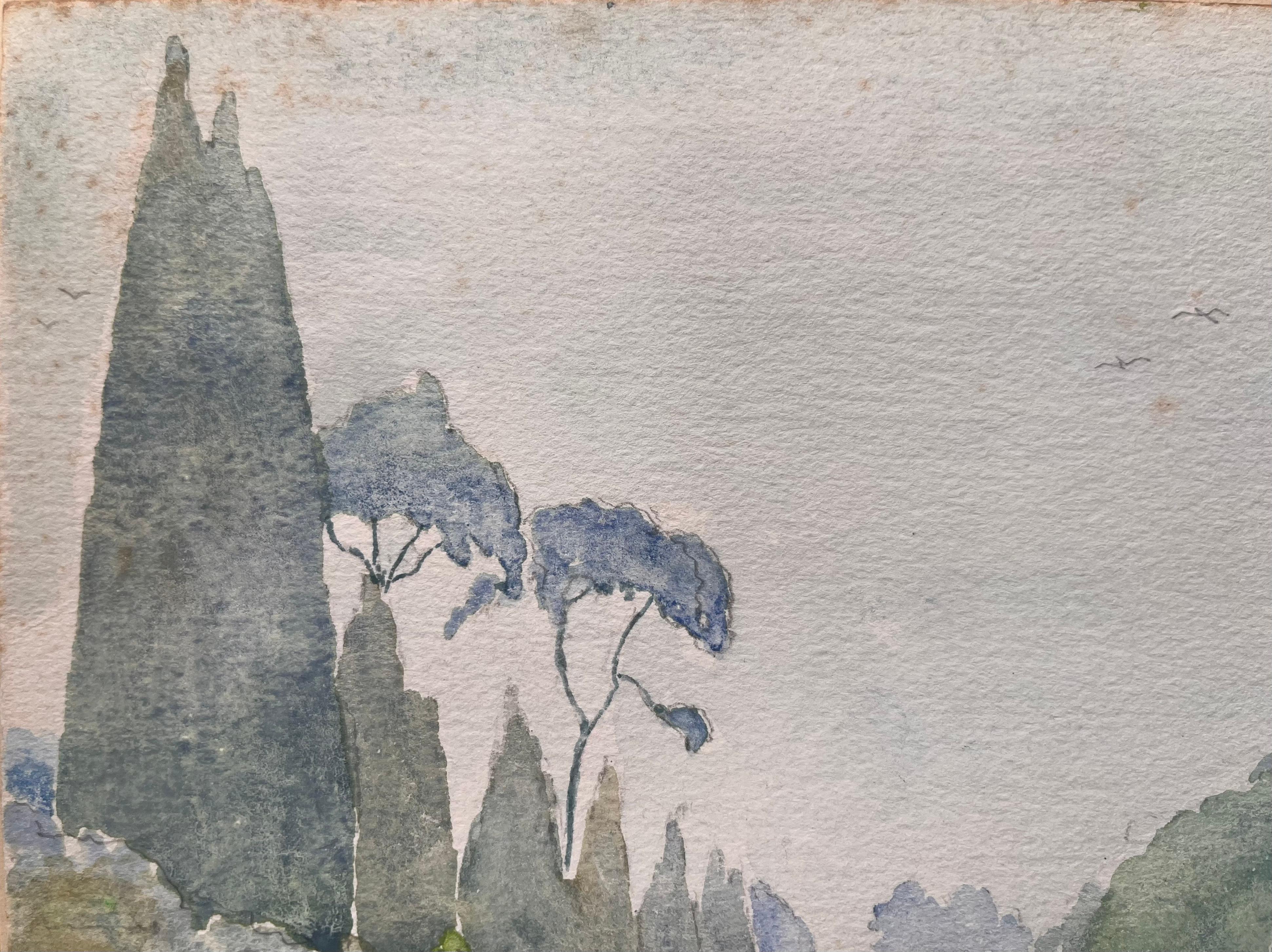 Fein detailliertes britisches Aquarell einer Landschaft mit Bäumen und Wäldern (Impressionismus), Art, von Ian G. Walker