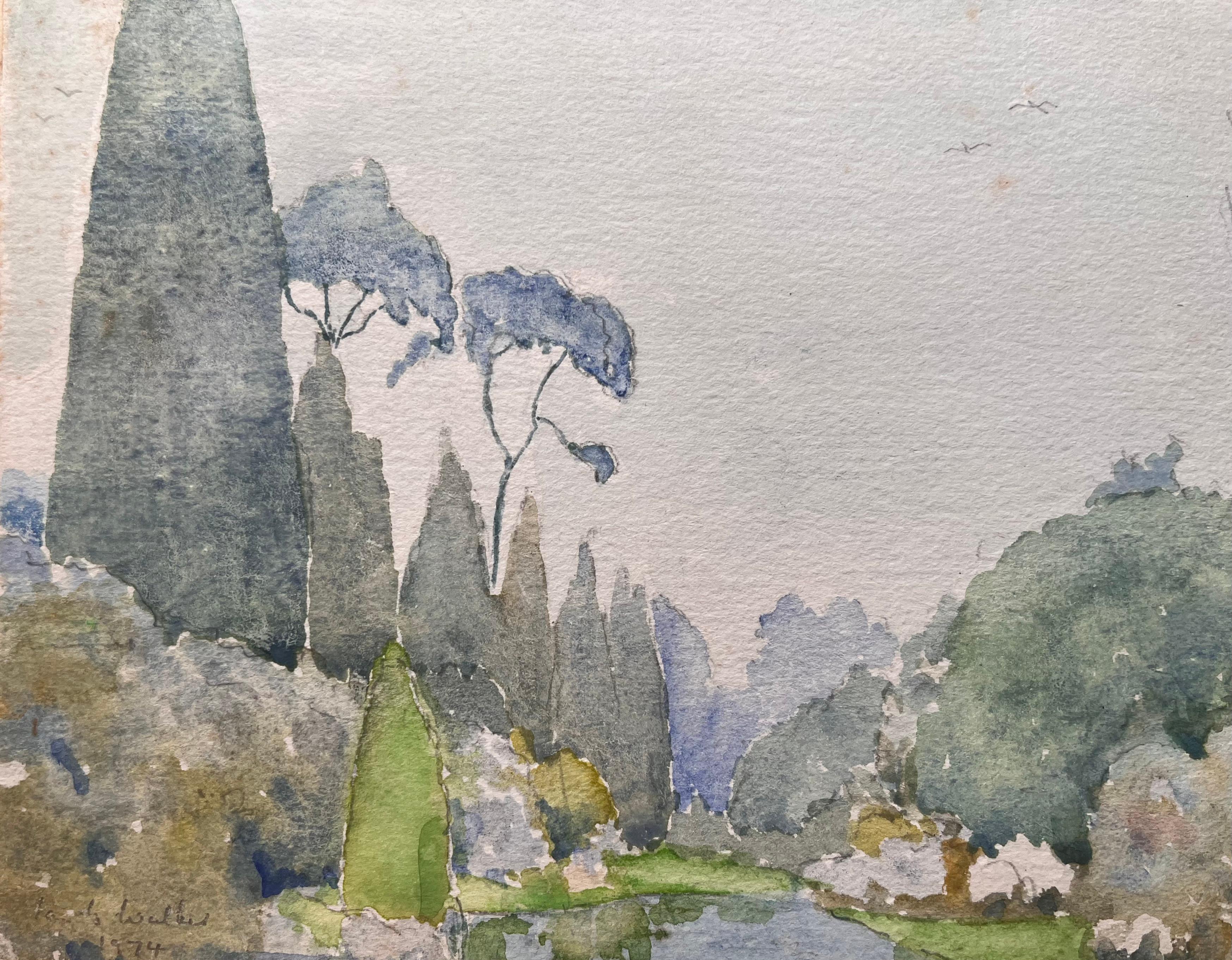 Fein detailliertes britisches Aquarell einer Landschaft mit Bäumen und Wäldern (Grau), Landscape Art, von Ian G. Walker