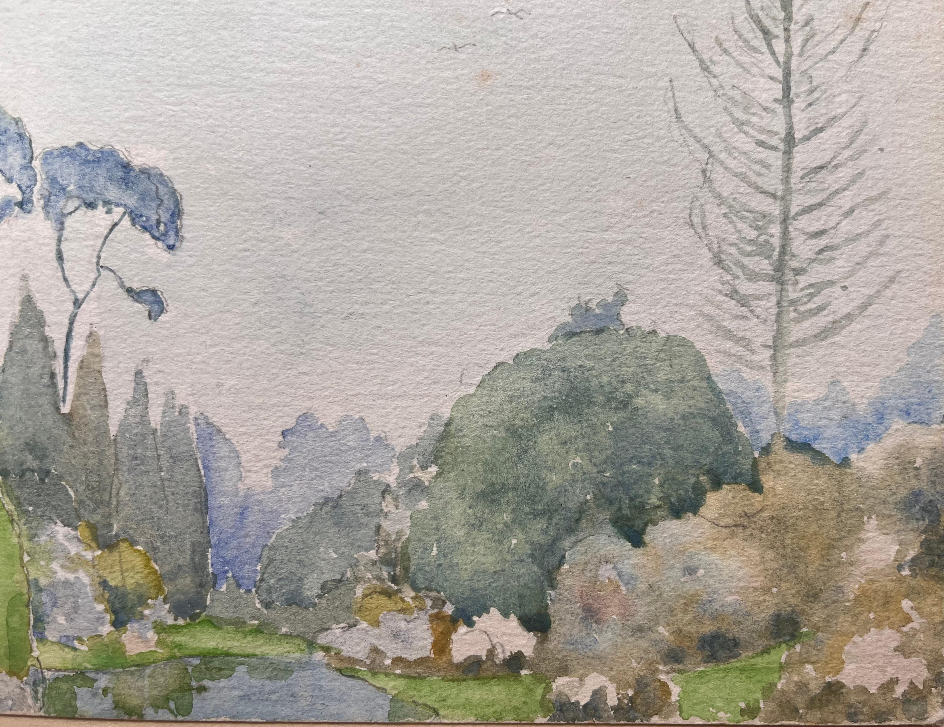 Medium: Aquarell auf Papier, ungerahmt
Größe: 7 Zoll (Höhe) x 9,75 Zoll (Breite)
Unterschrieben: Ja
Zustand: Guter Zustand
Provenienz: Privatsammlung

Beschreibung:
Dieses Aquarell von Ian G. Walker zeigt eine ruhige Landschaftsszene mit dem