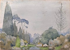 Fein detailliertes britisches Aquarell einer Landschaft mit Bäumen und Wäldern