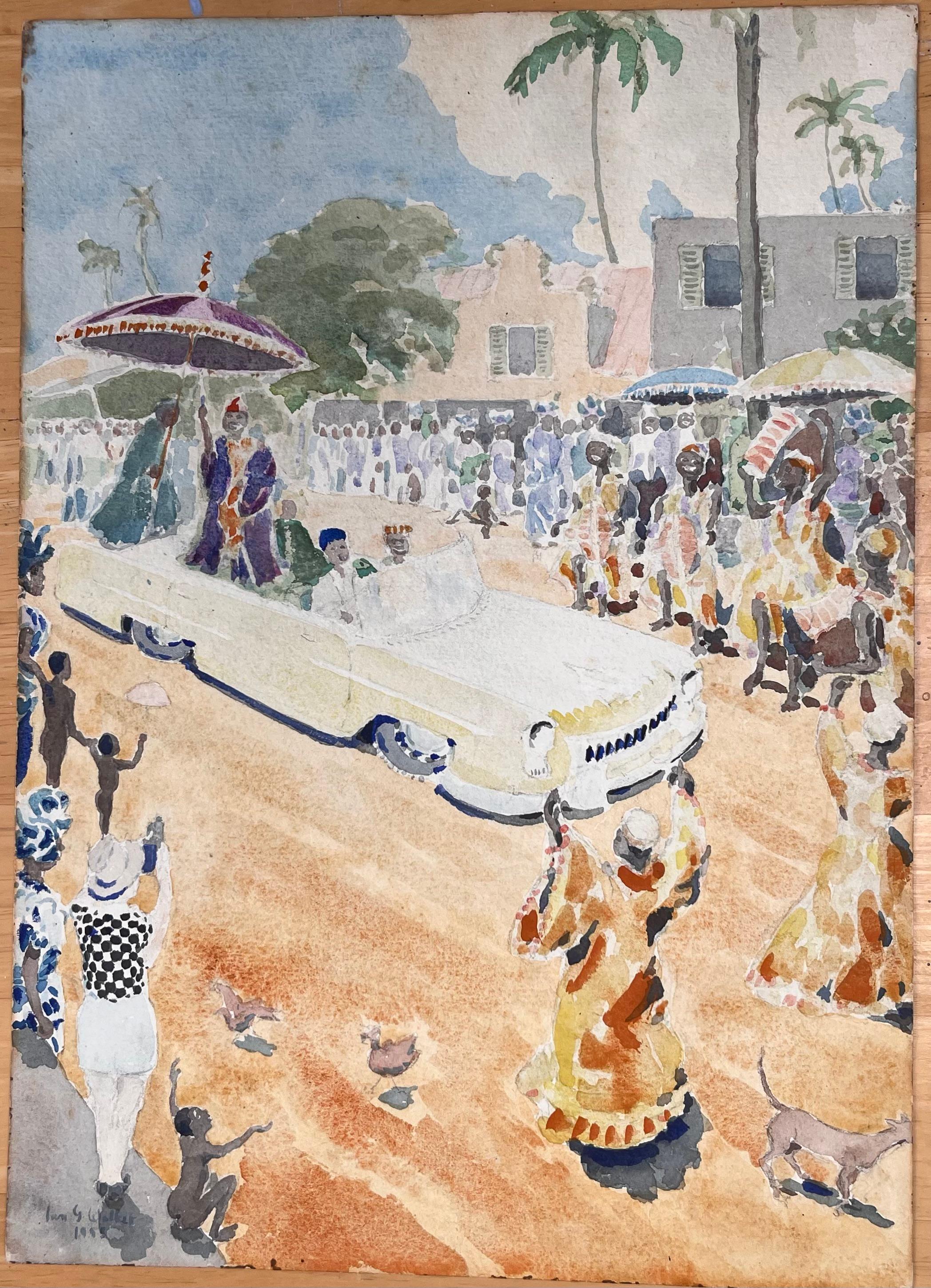 Finely Detailed British Watercolor of an Eid El Fitri Celebration in Lagos - Painting by Ian G. Walker